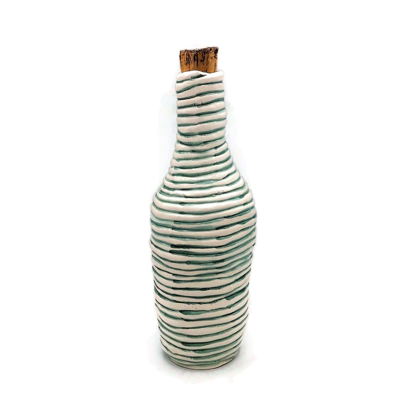 Handmade Ceramic Decorative Bottle With Natural Cork Stopper, White And Green Artisan Portuguese Pottery For Home Decor Unique Textured Vase - Ceramica Ana Rafael