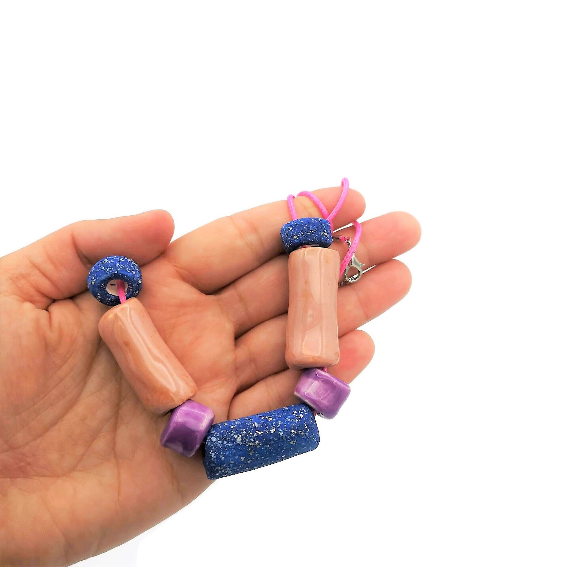 Pink and Blue Everyday Necklace, Boho Statement Necklace, Trendy Beaded Necklace Best Gifts For Her, Colorful Aesthetic Mothers Day Gift - Ceramica Ana Rafael