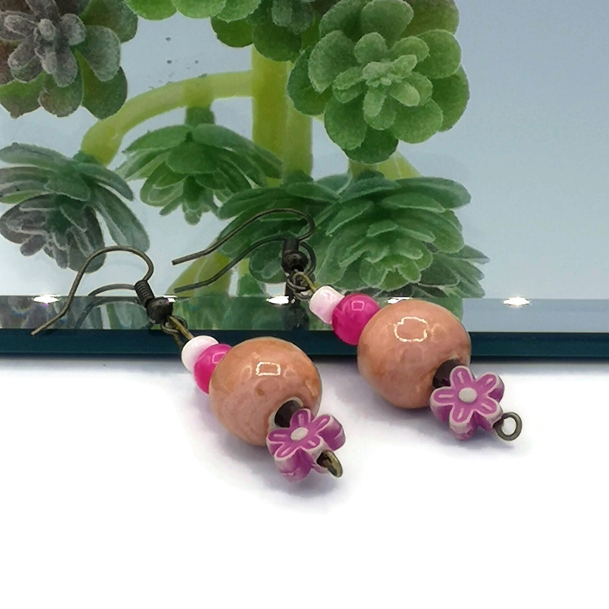 Pink Dangle Earrings, Novelty Earrings, Cute Ceramic Jewelry, Aesthetic Artsy Earrings For Teenage Girl, Teen Girl Gift Ideas - Ceramica Ana Rafael
