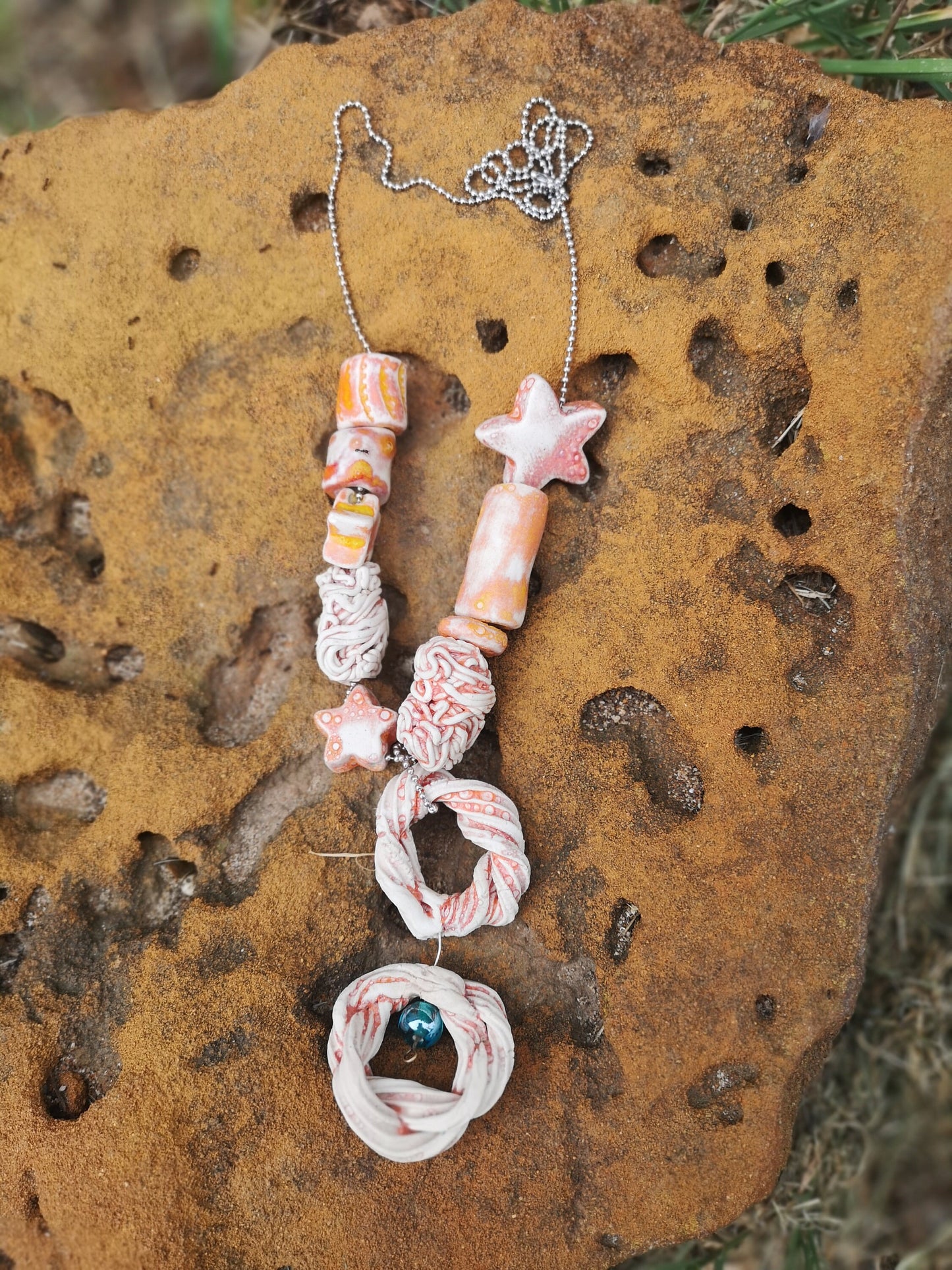 Handmade Ceramic Pendant Necklace, Chunky Beaded Necklace, Boho And Hippie Style Star Novelty Aesthetic Necklace For Womens, Weird Jewelry - Ceramica Ana Rafael