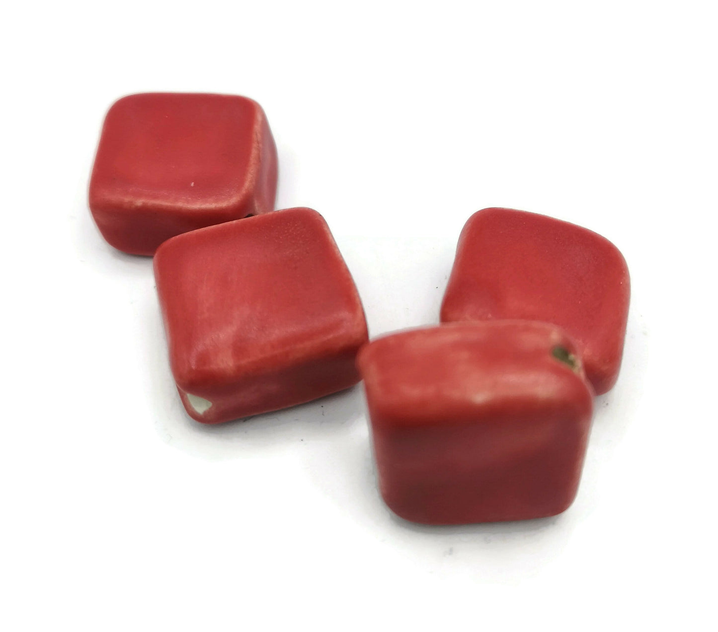 4Pc 20mm Large Square Handmade Ceramic Beads For Jewelry Making, Clay Decorative Unique Beads, Matte Red Macrame Beads Large Hole 2mm - Ceramica Ana Rafael