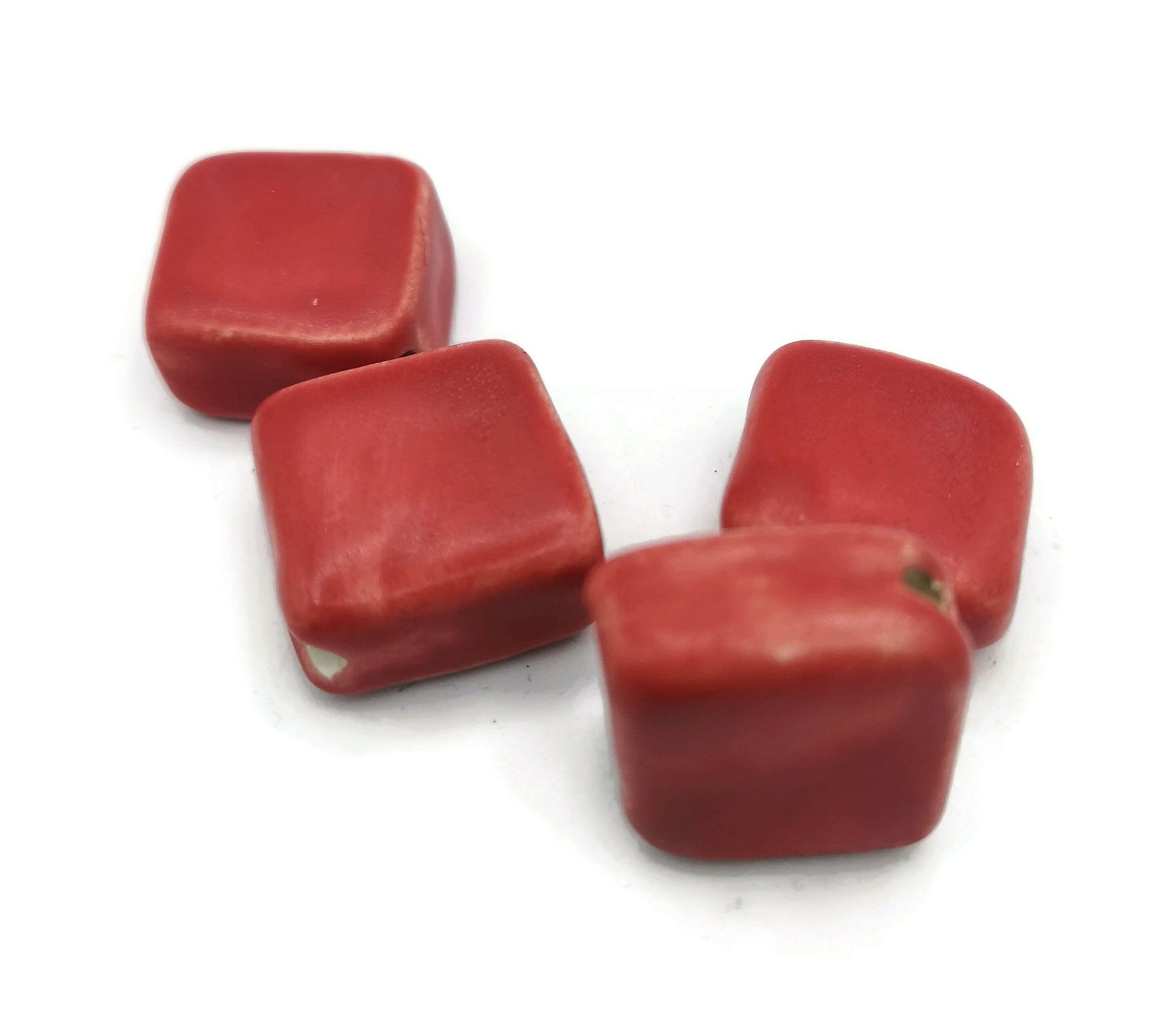 4Pc 20mm Large Square Handmade Ceramic Beads For Jewelry Making, Clay Decorative Unique Beads, Matte Red Macrame Beads Large Hole 2mm - Ceramica Ana Rafael