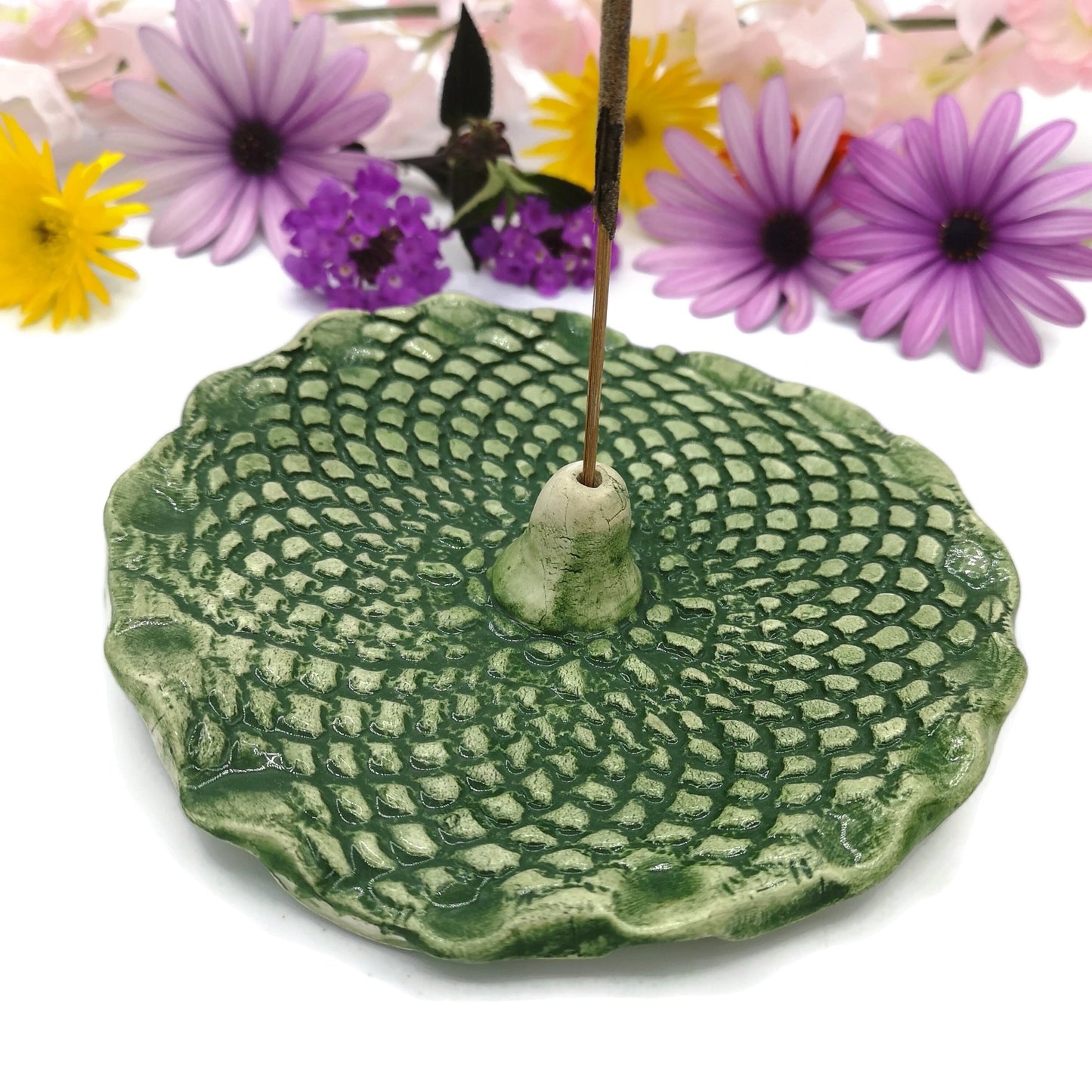 Handmade Ceramic Green Incense Stick Holder With Vintage Lace Texture, Best Gifts For Her, Clay Incense Burner, Housewarming Gift First Home - Ceramica Ana Rafael
