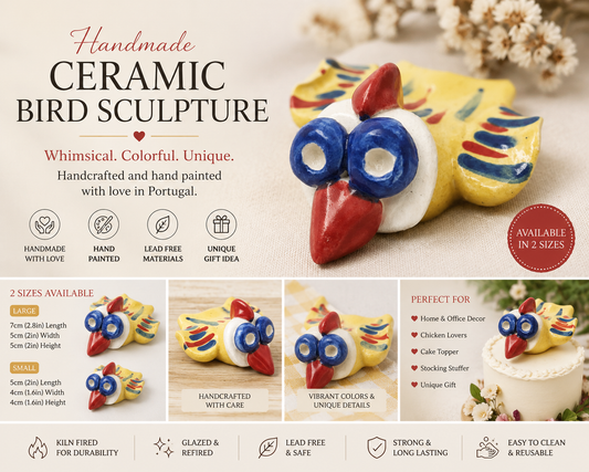 Escultura de pájaro de cerámica hecha a mano pintada a mano de amarillo, estatuilla de gallo moderna, lindos regalos de pollo de escultura de arcilla, topper de pastel de animales reutilizable