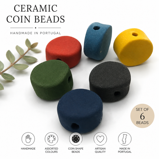 6 cuentas de monedas grandes surtidas de 15 mm para la fabricación de joyas, cuentas de macramé de cerámica hechas a mano con agujero grande de 2 mm, cuentas de arcilla mate artesanales únicas