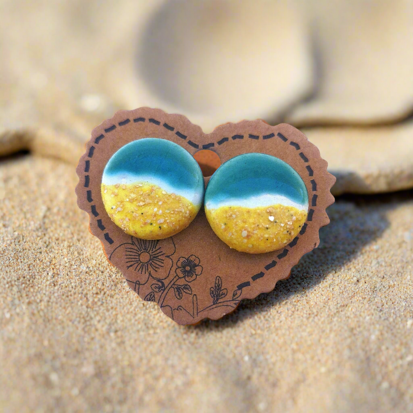 Handmade Ceramic Beach Earrings, 20mm Round Ocean-Inspired Studs, Boho Artisan Jewelry Gift