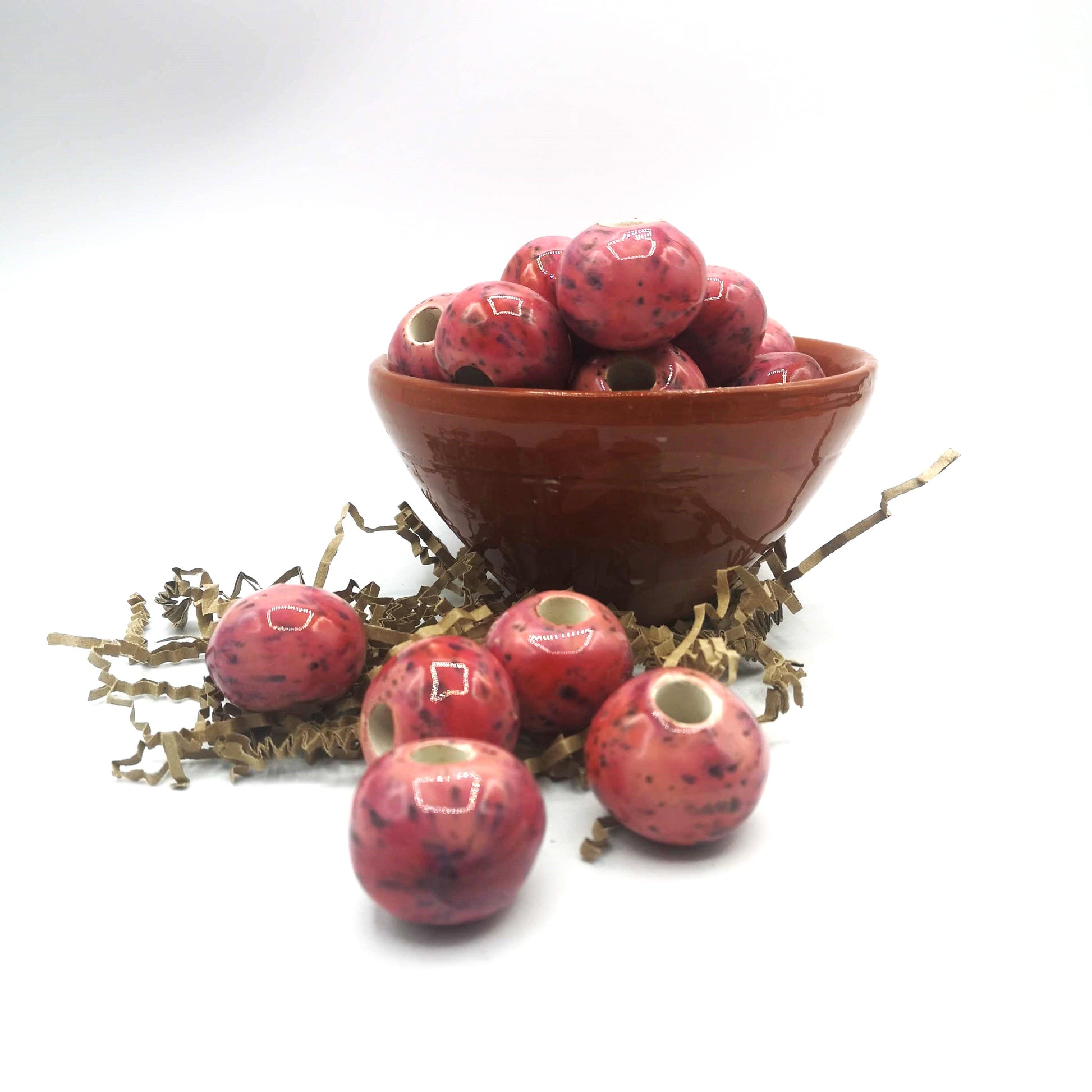 1 Pc Speckled Red Handmade Ceramic Beads Large Hole, Clay Macrame Giant Beads - Ceramica Ana Rafael