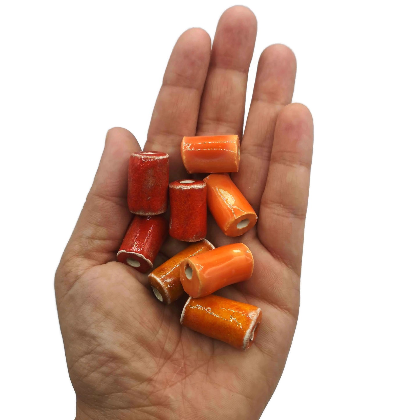 8Pc Large Ceramic Tube Beads – 20-25mm Orange & Red Beads – 5mm Large Hole for Jewelry & Macrame