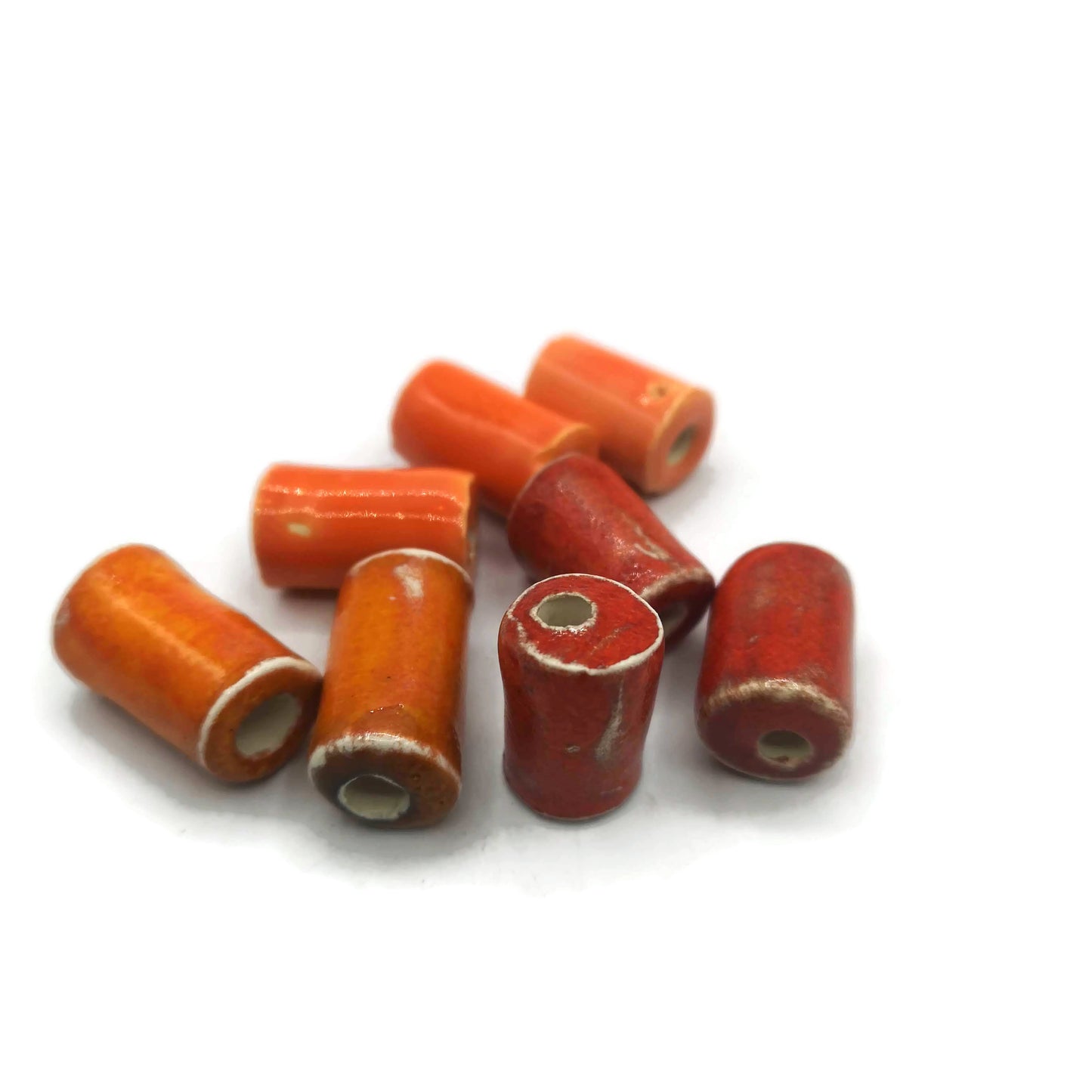 8Pc Large Ceramic Tube Beads – 20-25mm Orange & Red Beads – 5mm Large Hole for Jewelry & Macrame