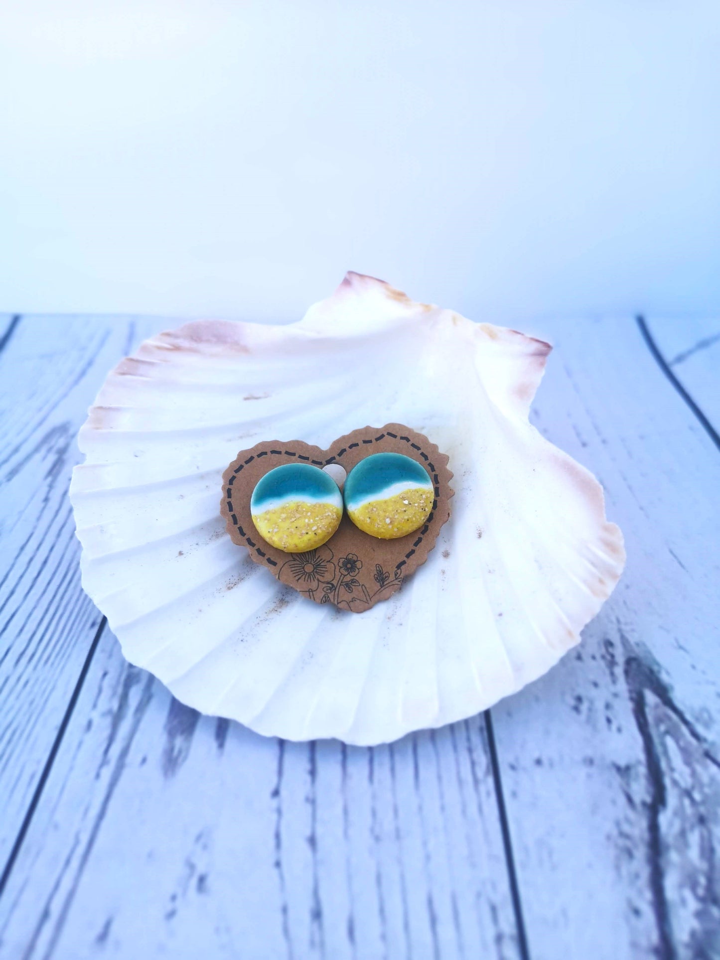 Handmade Ceramic Beach Earrings, 20mm Round Ocean-Inspired Studs, Boho Artisan Jewelry Gift