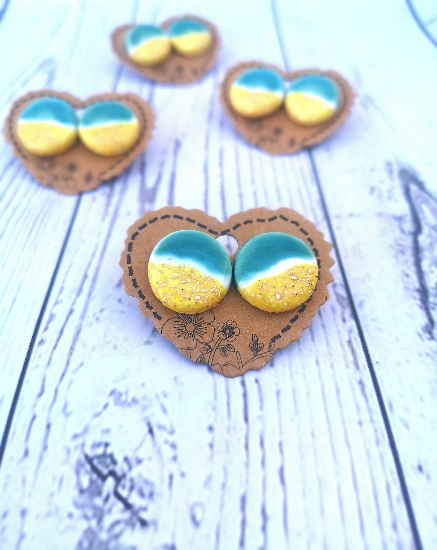 Handmade Ceramic Beach Earrings, 20mm Round Ocean-Inspired Studs, Boho Artisan Jewelry Gift