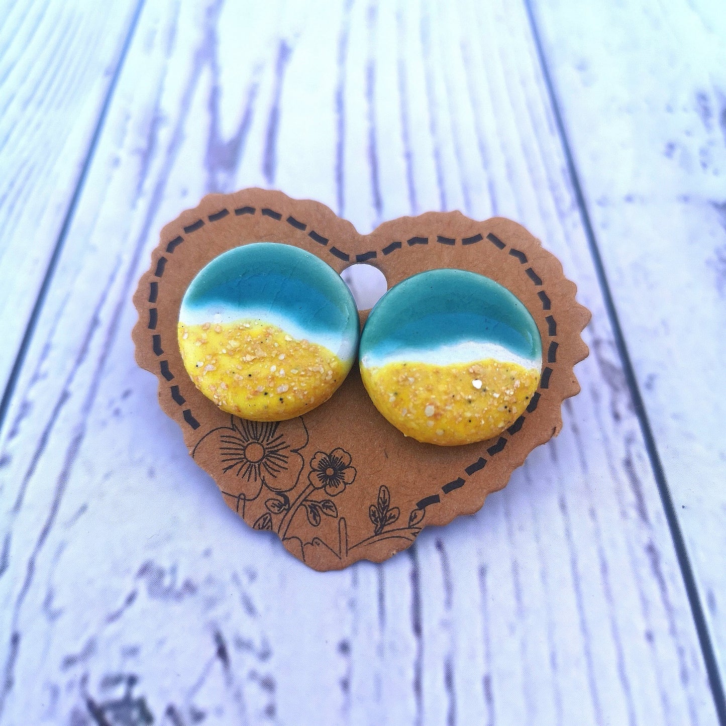 Handmade Ceramic Beach Earrings, 20mm Round Ocean-Inspired Studs, Boho Artisan Jewelry Gift