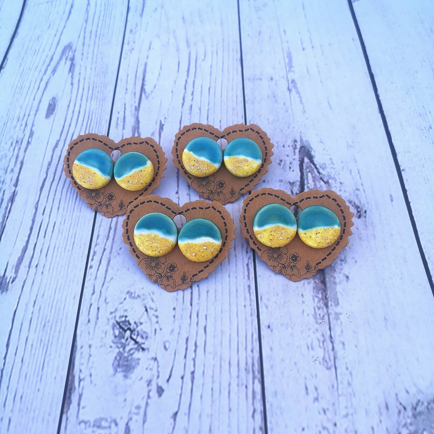 Handmade Ceramic Beach Earrings, 20mm Round Ocean-Inspired Studs, Boho Artisan Jewelry Gift