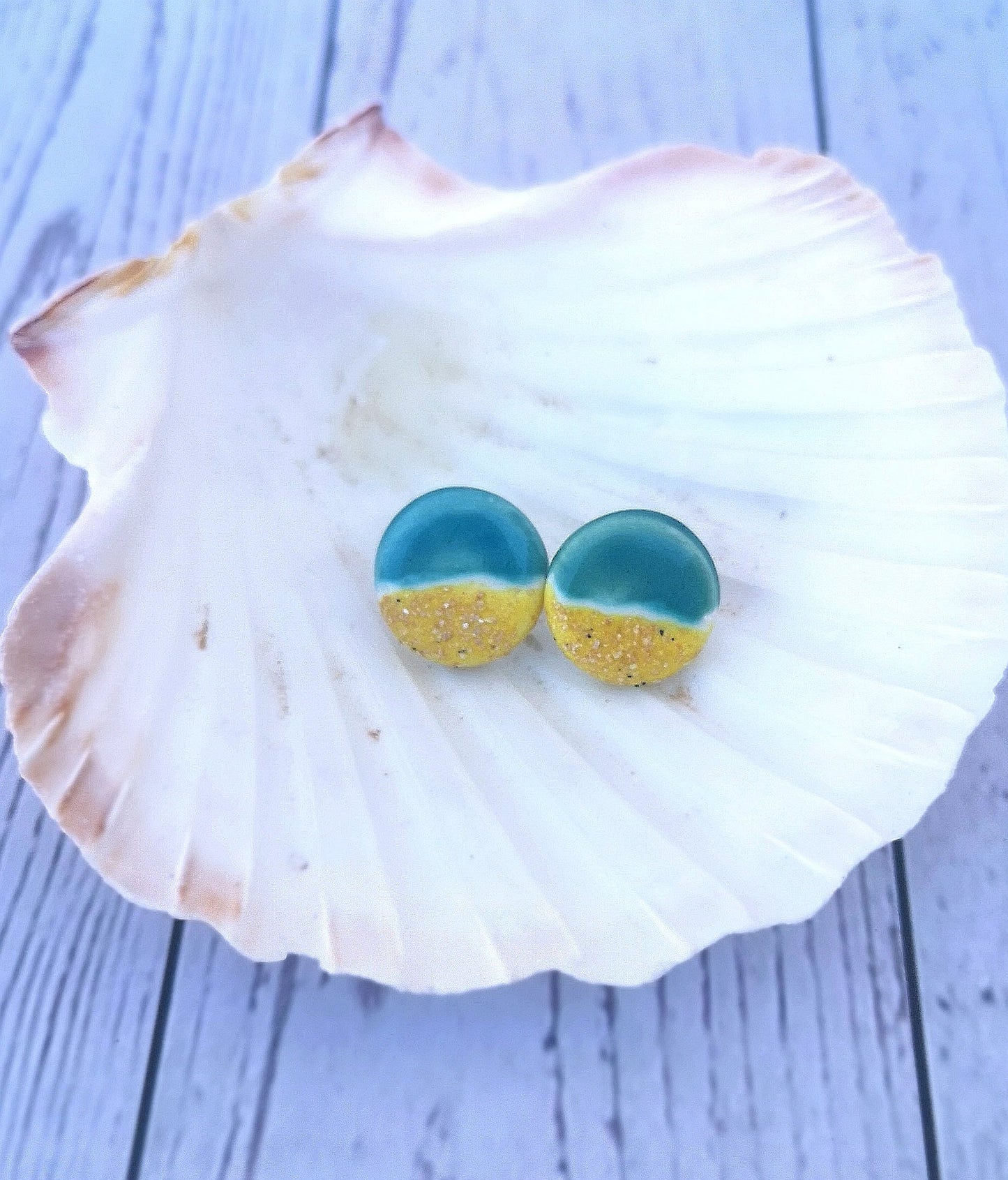 Handmade Ceramic Beach Earrings, 20mm Round Ocean-Inspired Studs, Boho Artisan Jewelry Gift