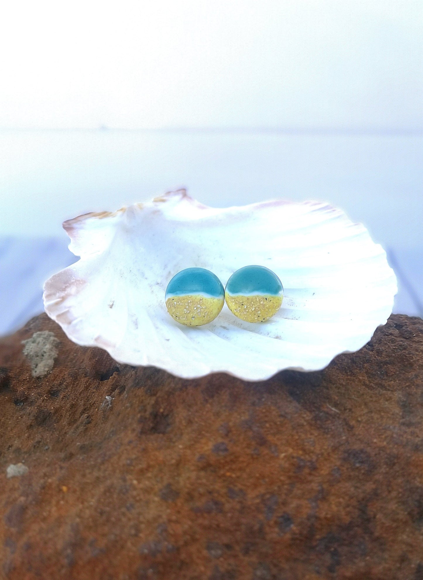 Handmade Ceramic Beach Earrings, 20mm Round Ocean-Inspired Studs, Boho Artisan Jewelry Gift