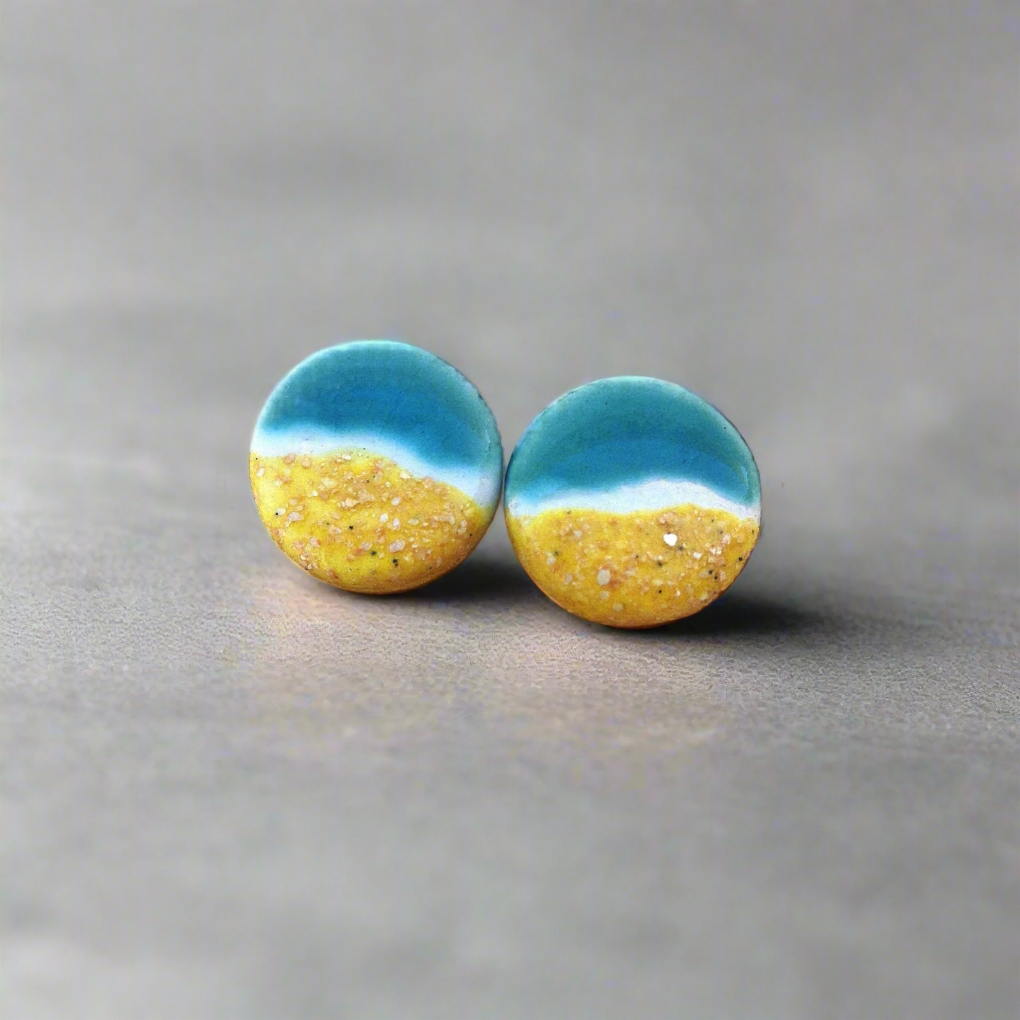 Handmade Ceramic Beach Earrings, 20mm Round Ocean-Inspired Studs, Boho Artisan Jewelry Gift