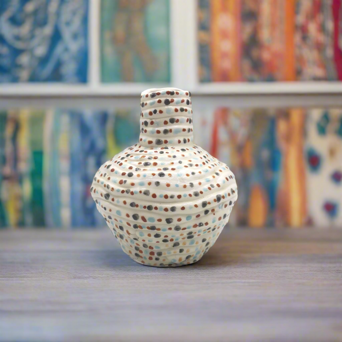Handmade White Ceramic Vase with Colorful Handpainted Spots – Eclectic Decorative Vase for Home & Garden – Unique Gift Idea – 15cm x 12cm