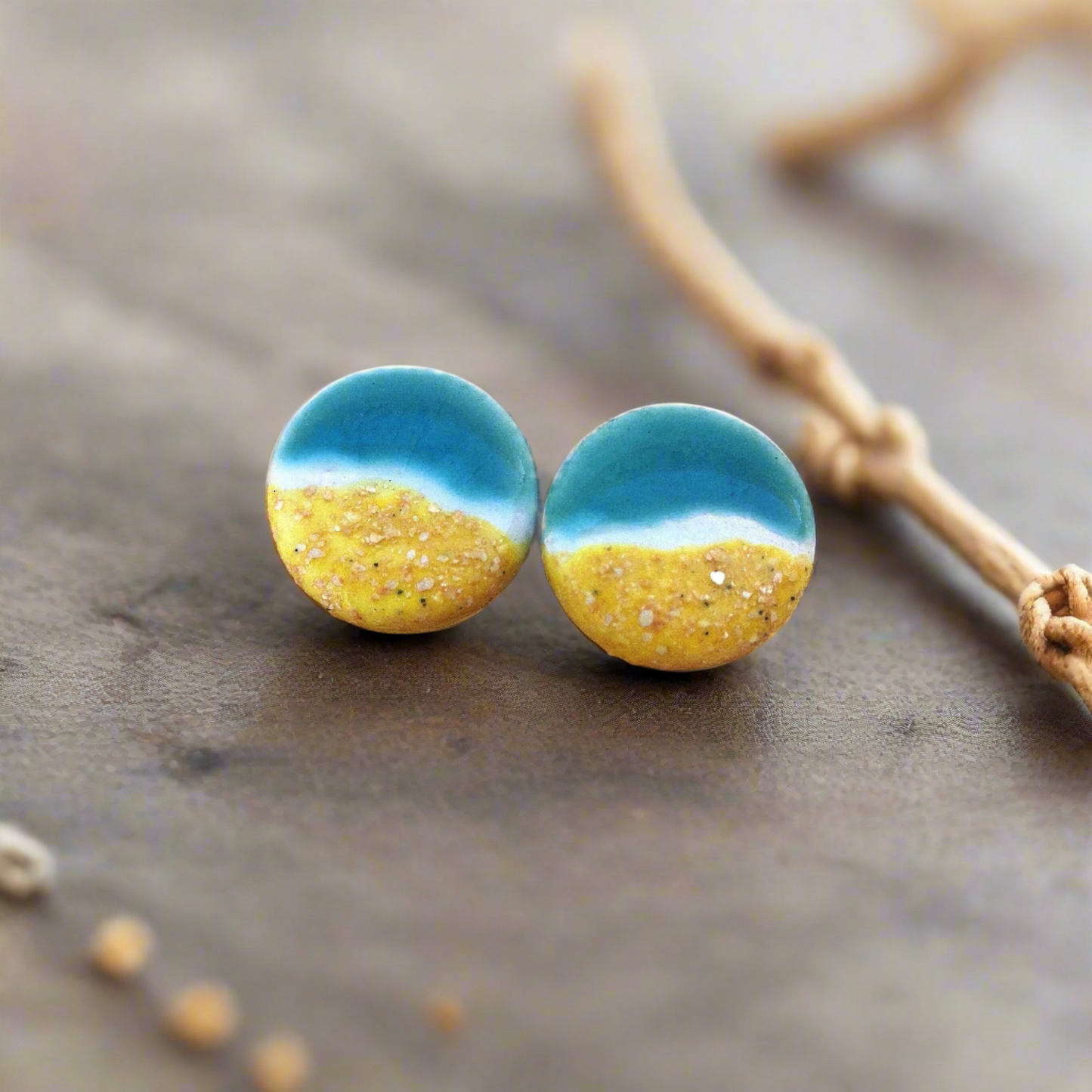 Handmade Ceramic Beach Earrings, 20mm Round Ocean-Inspired Studs, Boho Artisan Jewelry Gift