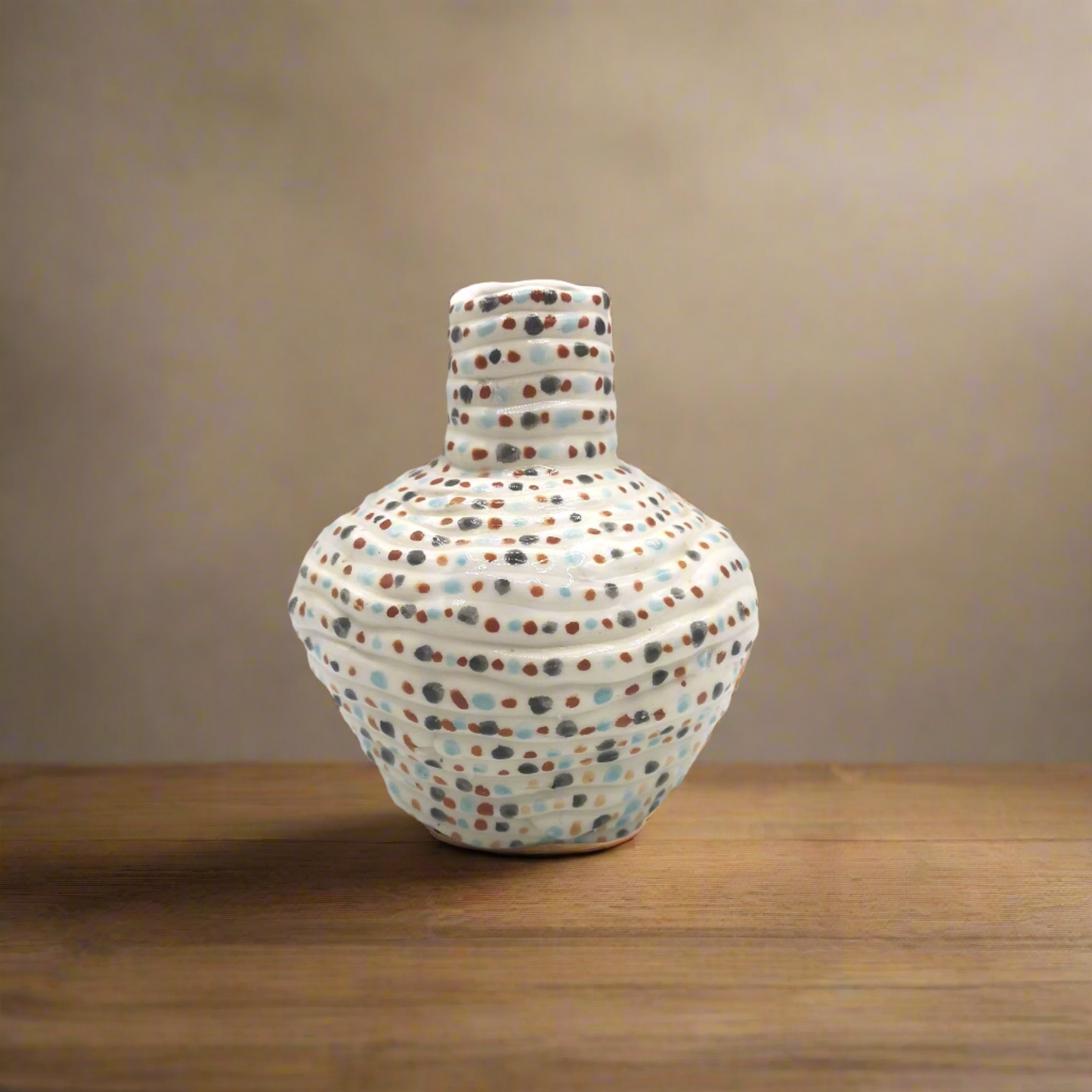 Handmade White Ceramic Vase with Colorful Handpainted Spots – Eclectic Decorative Vase for Home & Garden – Unique Gift Idea – 15cm x 12cm