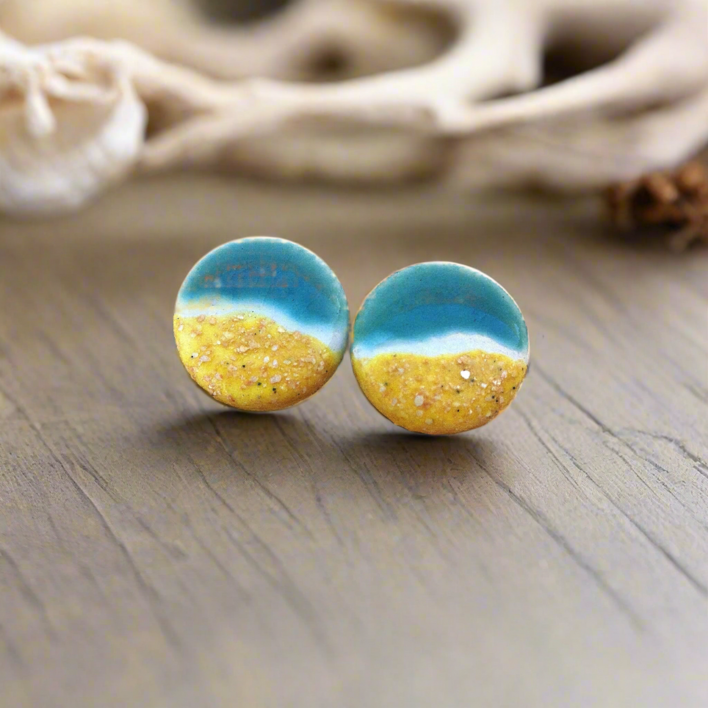 Handmade Ceramic Beach Earrings, 20mm Round Ocean-Inspired Studs, Boho Artisan Jewelry Gift