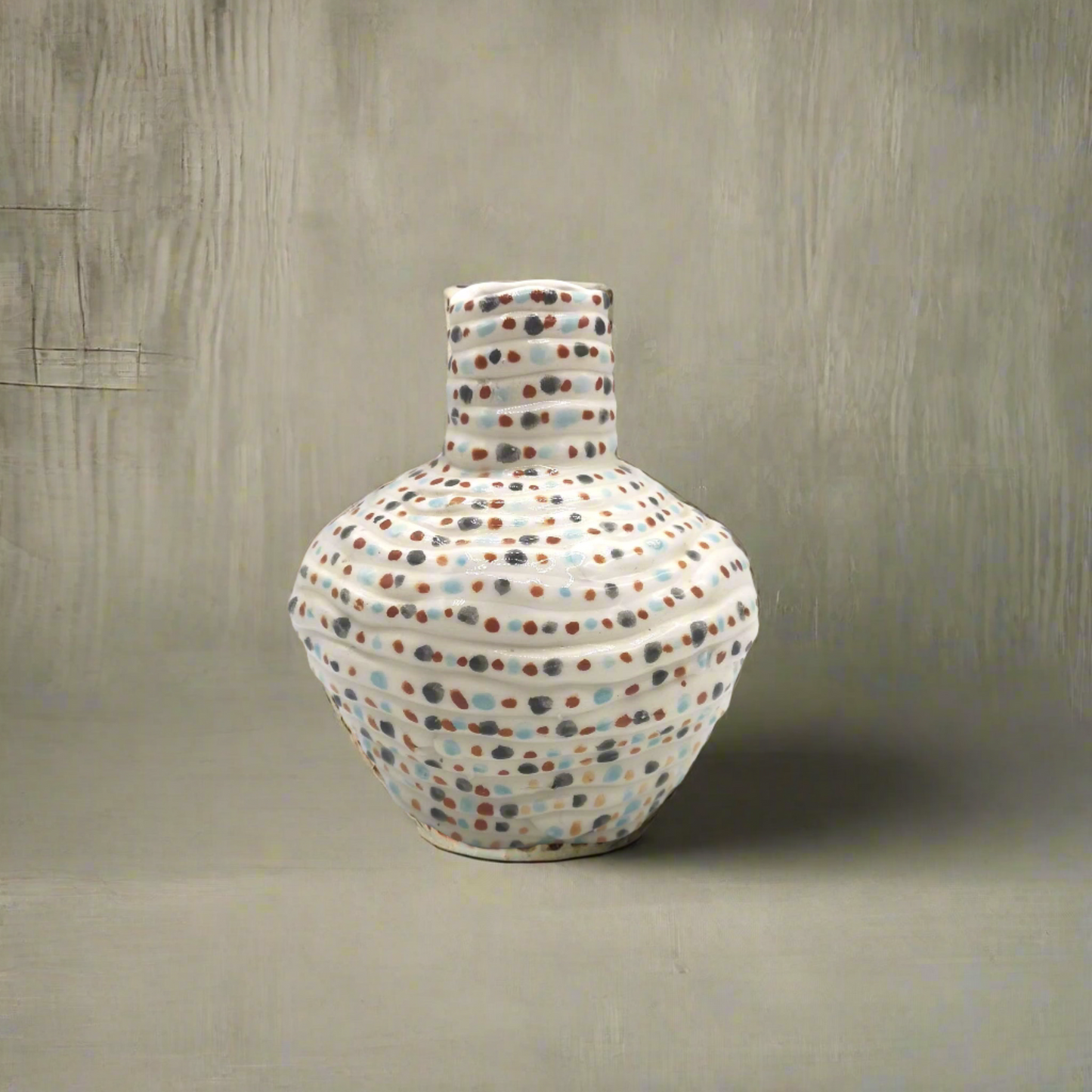 Handmade White Ceramic Vase with Colorful Handpainted Spots – Eclectic Decorative Vase for Home & Garden – Unique Gift Idea – 15cm x 12cm