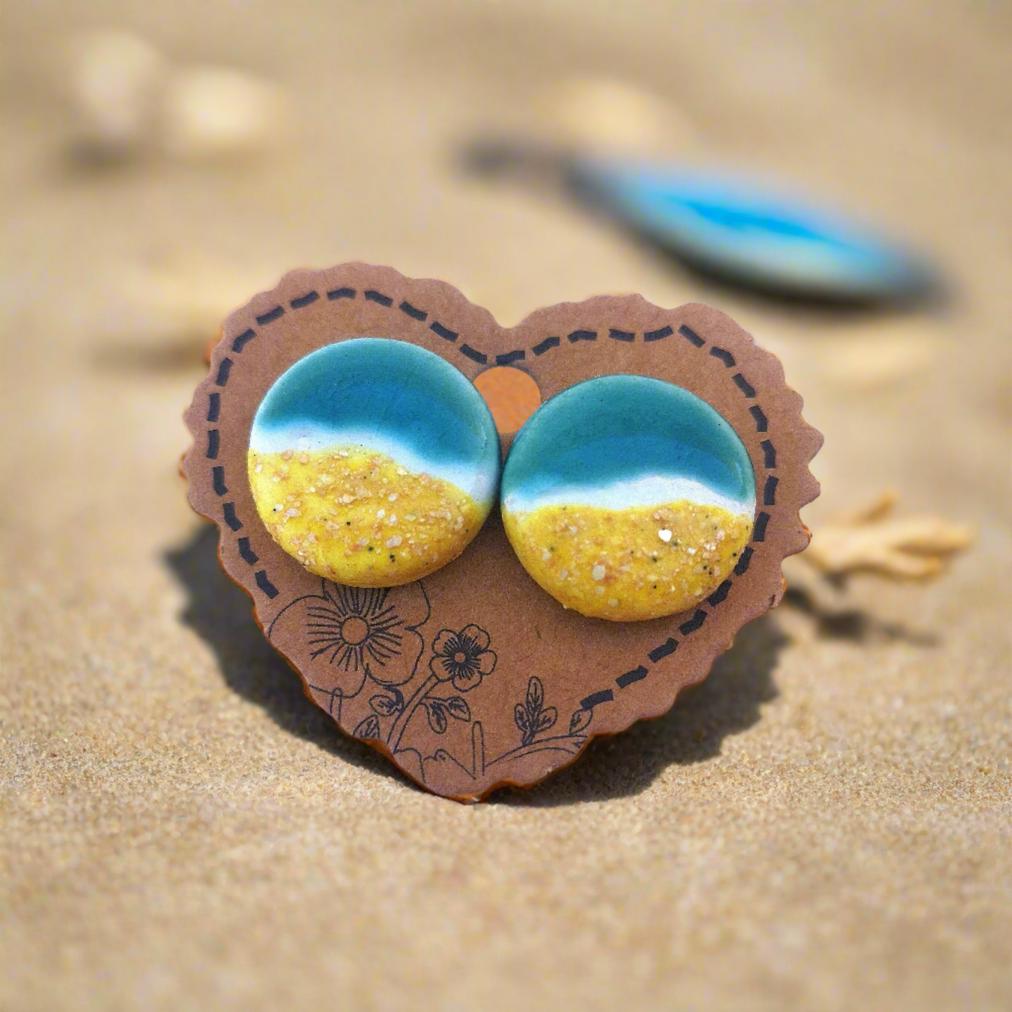 Handmade Ceramic Beach Earrings, 20mm Round Ocean-Inspired Studs, Boho Artisan Jewelry Gift