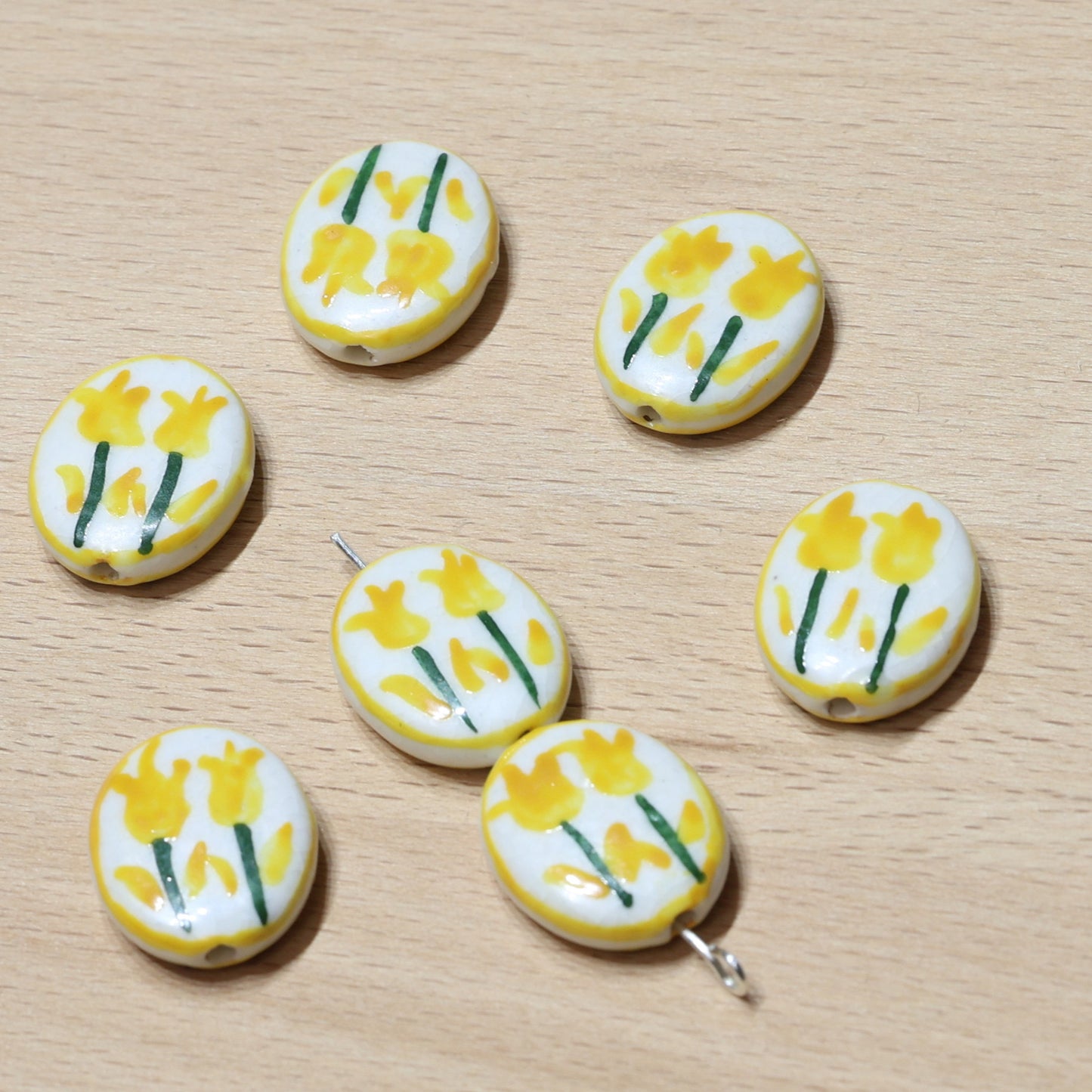 Set of 10 Hand-Painted Ceramic Oval Beads - Macrame Craft Supplies