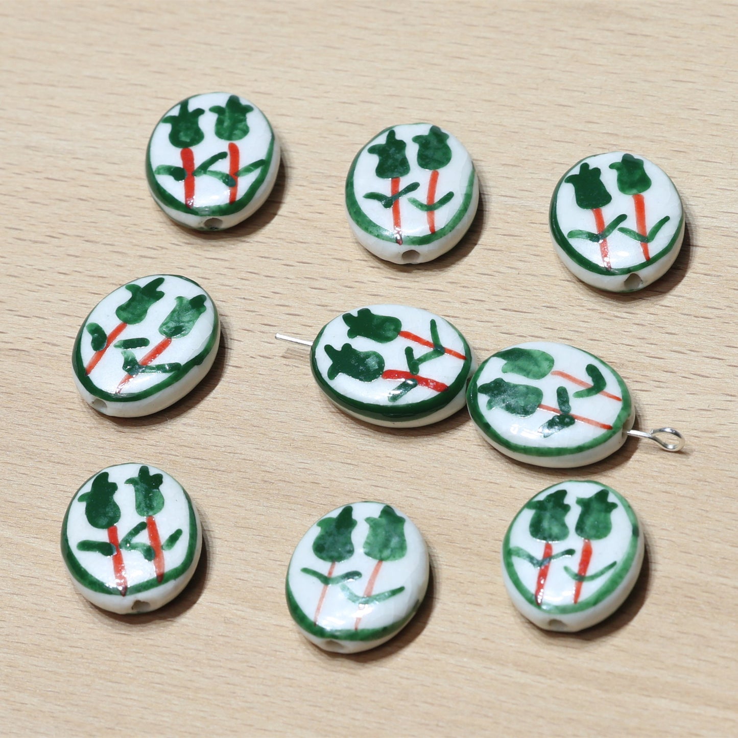 Set of 10 Hand-Painted Ceramic Oval Beads - Macrame Craft Supplies