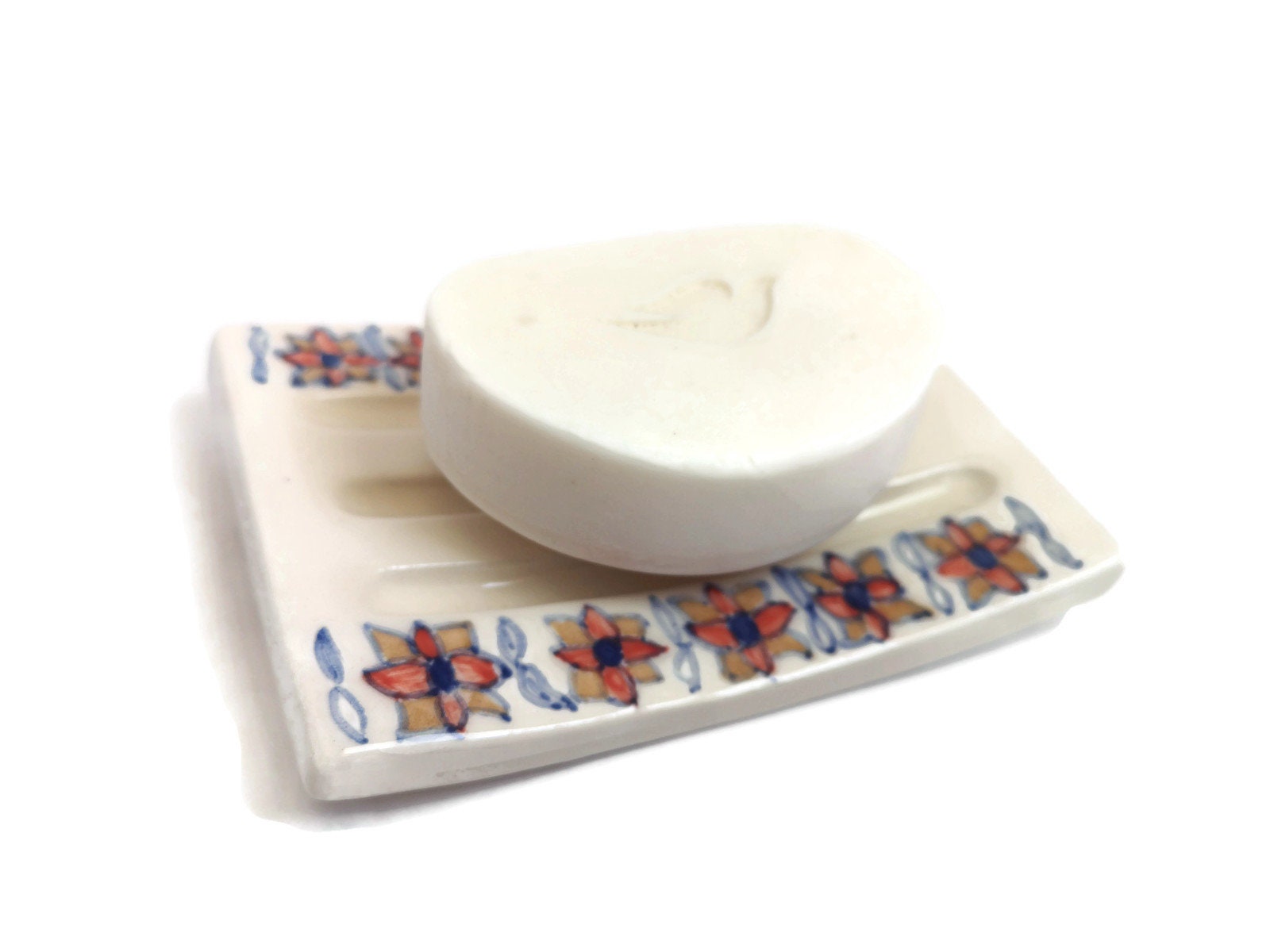 Floral Soap Bar Holder with drain, ceramic soap dish rectangular, sustainable gifts for men, eco friendly products - Ceramica Ana Rafael