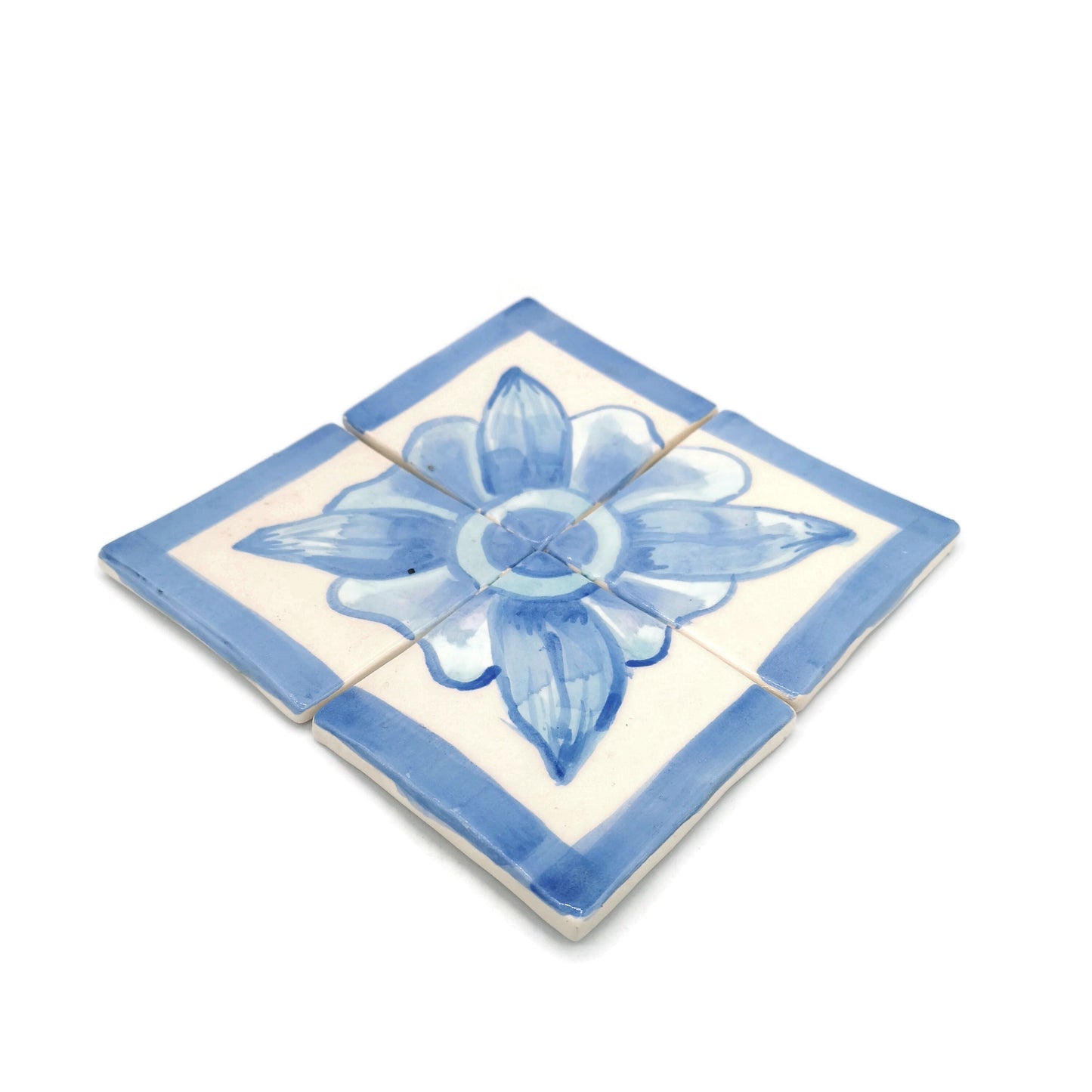 15cm/5.9in Handmade Ceramic Blue And White Tile Panel With Hand Painted Floral Motif, Square Mosaic Panel Kitchen Backsplash Portuguese Tile - Ceramica Ana Rafael