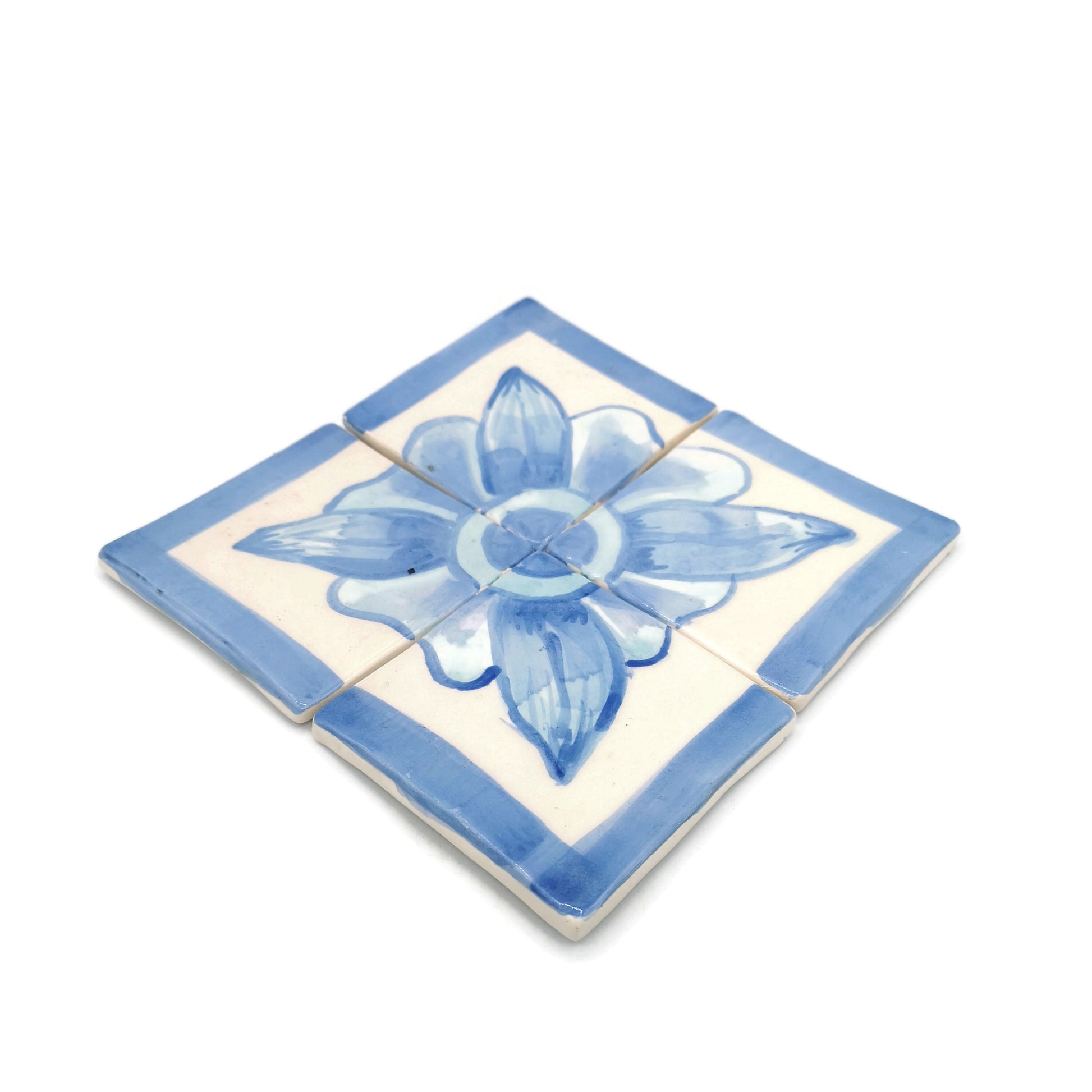 15cm/5.9in Handmade Ceramic Blue And White Tile Panel With Hand Painted Floral Motif, Square Mosaic Panel Kitchen Backsplash Portuguese Tile - Ceramica Ana Rafael