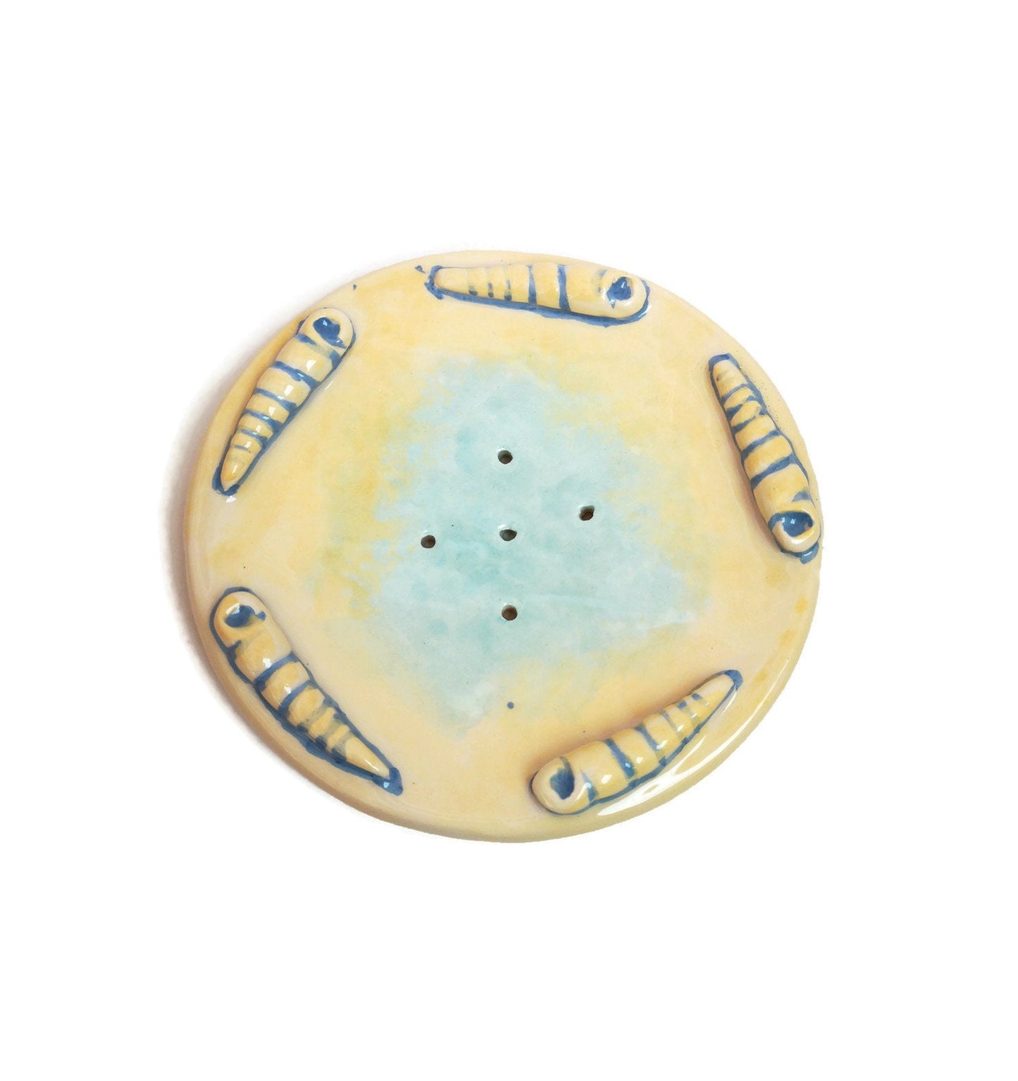 Handmade Ceramic Sea Shell Soap Dish Dispenser Yellow and Blue, Beach Themed Decor Draining Soap Bar Holder, Bathroom Tray For Shaving Soap - Ceramica Ana Rafael