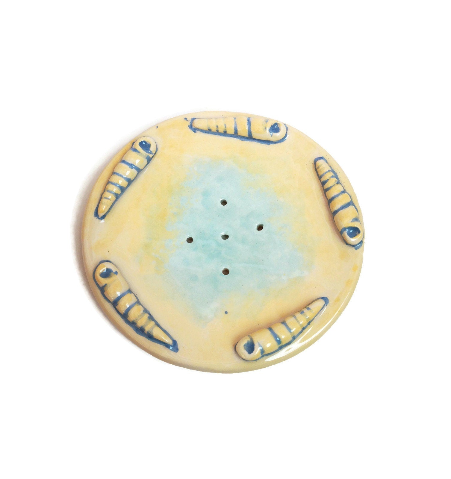 Handmade Ceramic Sea Shell Soap Dish Dispenser Yellow and Blue, Beach Themed Decor Draining Soap Bar Holder, Bathroom Tray For Shaving Soap - Ceramica Ana Rafael