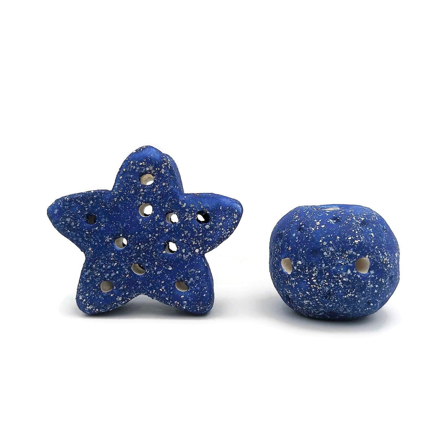 Extra Large Ceramic Beads, Giant Macrame Beads, Round Ball And Star Ornaments, Large Hole Beads Handmade, Sparkly Blue Focal Point Beads - Ceramica Ana Rafael