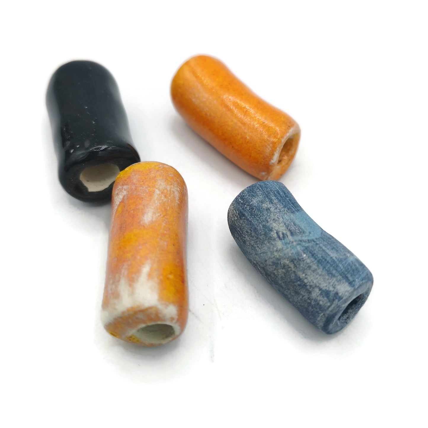 LONG TUBE BEADS, Ceramic Tube Beads Large Hole Beads For Macrame, Assorted Set Of 4 Pieces - Ceramica Ana Rafael