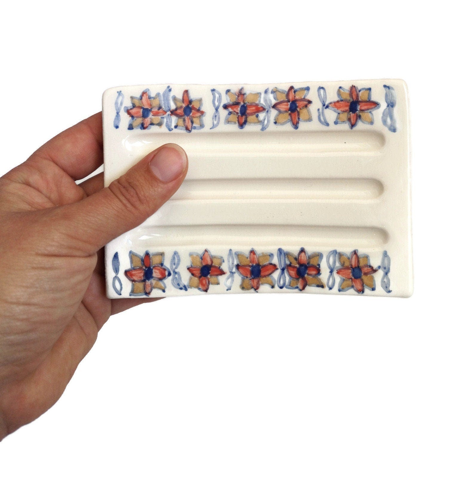 Floral Soap Bar Holder with drain, ceramic soap dish rectangular, sustainable gifts for men, eco friendly products - Ceramica Ana Rafael