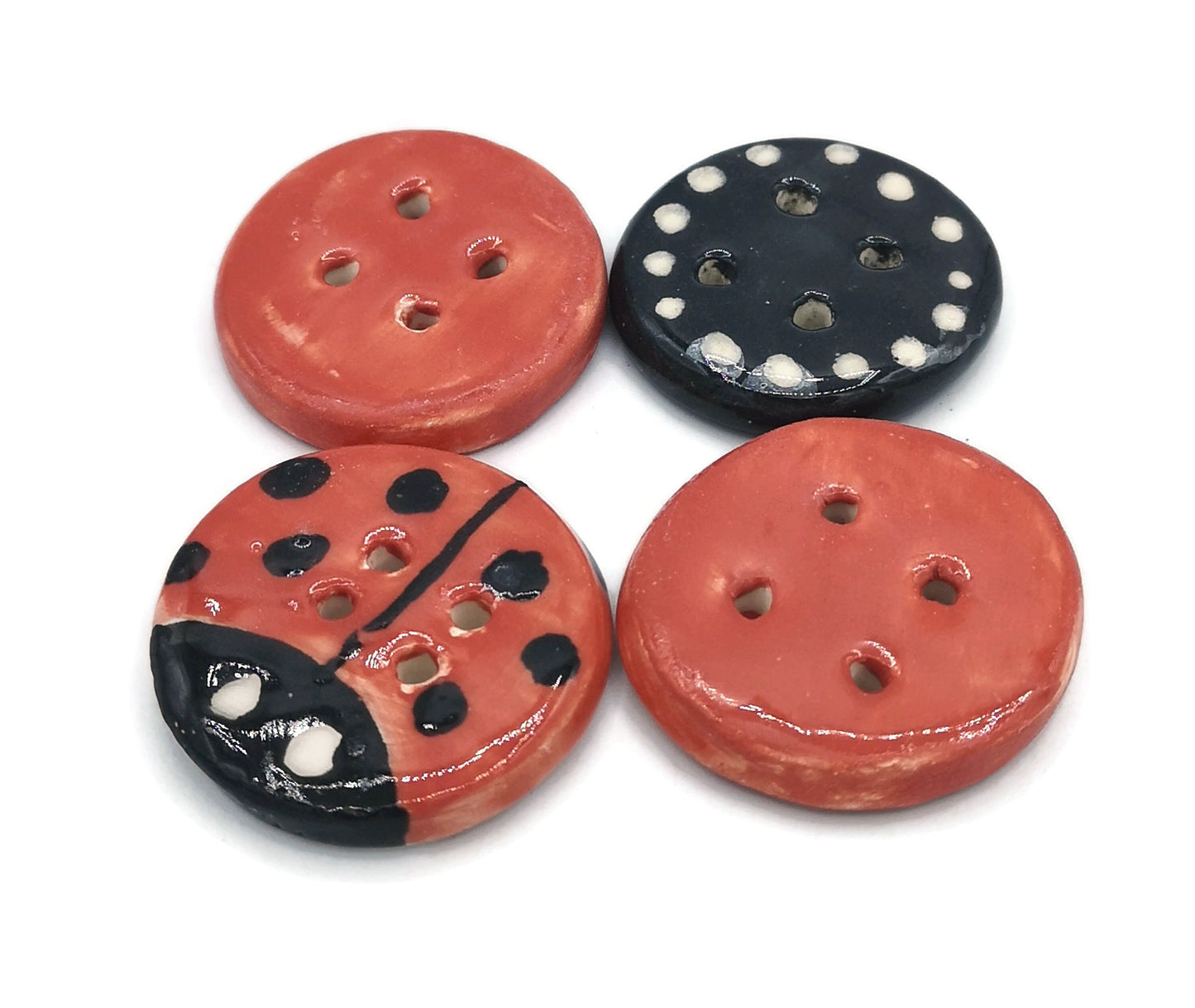 Decorative Buttons Handmade Ceramics, Set Of 4 Round Shape Red Ladybug Buttons Cute, Best Sellers 2022 Extra Large Buttons, Big Buttons - Ceramica Ana Rafael