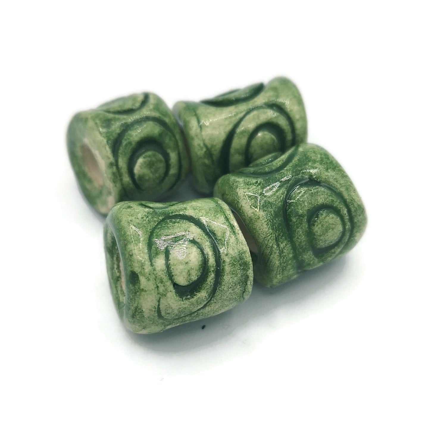 4Pc 15mm Green Macrame Tube Beads Large Hole, Barrel Beads For Jewelry Making, Handmade Ceramic Beads For Decorating Or Crafting, Clay Beads - Ceramica Ana Rafael