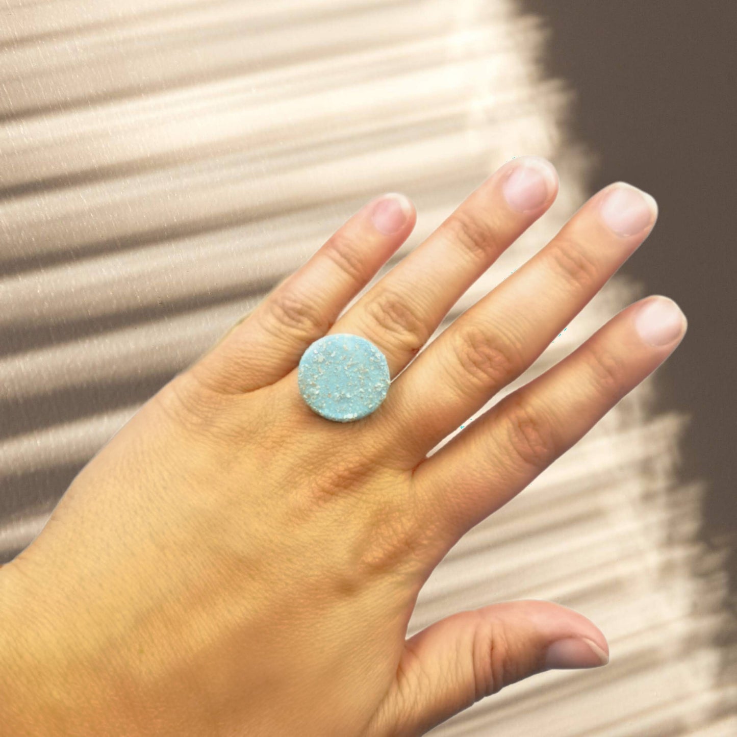 Handmade Ceramic Sparkly Turquoise Blue Ring For Women, Unique Stainless Steel Adjustable Ring, Porcelain Best 9th Anniversary Gifts For Her - Ceramica Ana Rafael