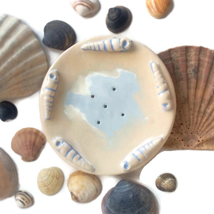 Handmade Ceramic Sea Shell Soap Dish Dispenser Yellow and Blue, Beach Themed Decor Draining Soap Bar Holder, Bathroom Tray For Shaving Soap - Ceramica Ana Rafael