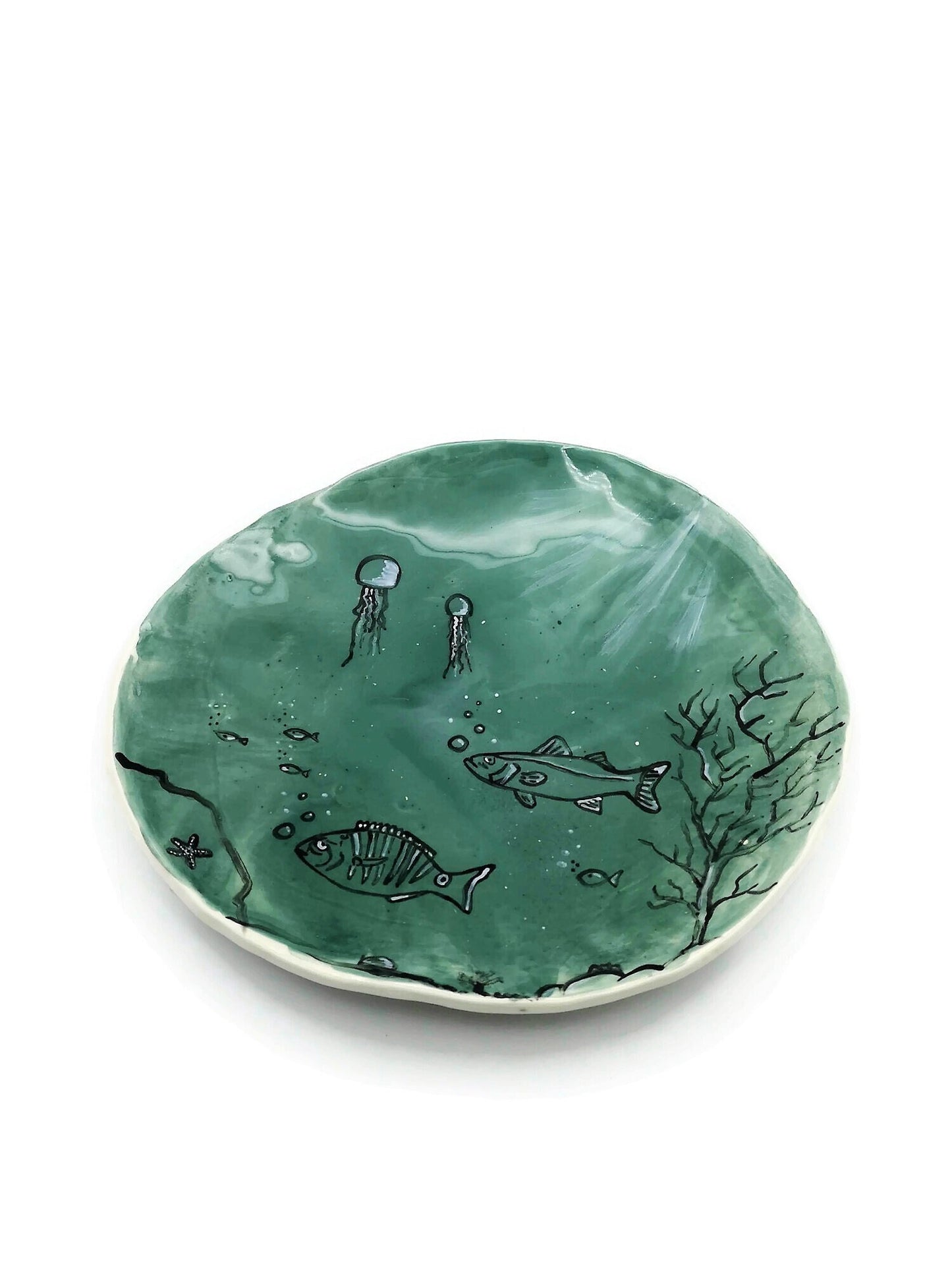Large Handmade Ceramic Plate, Ocean Home Decor For Wall Display, Green Portuguese Pottery Unique Dinner Plates, Serving Cake Platter - Ceramica Ana Rafael