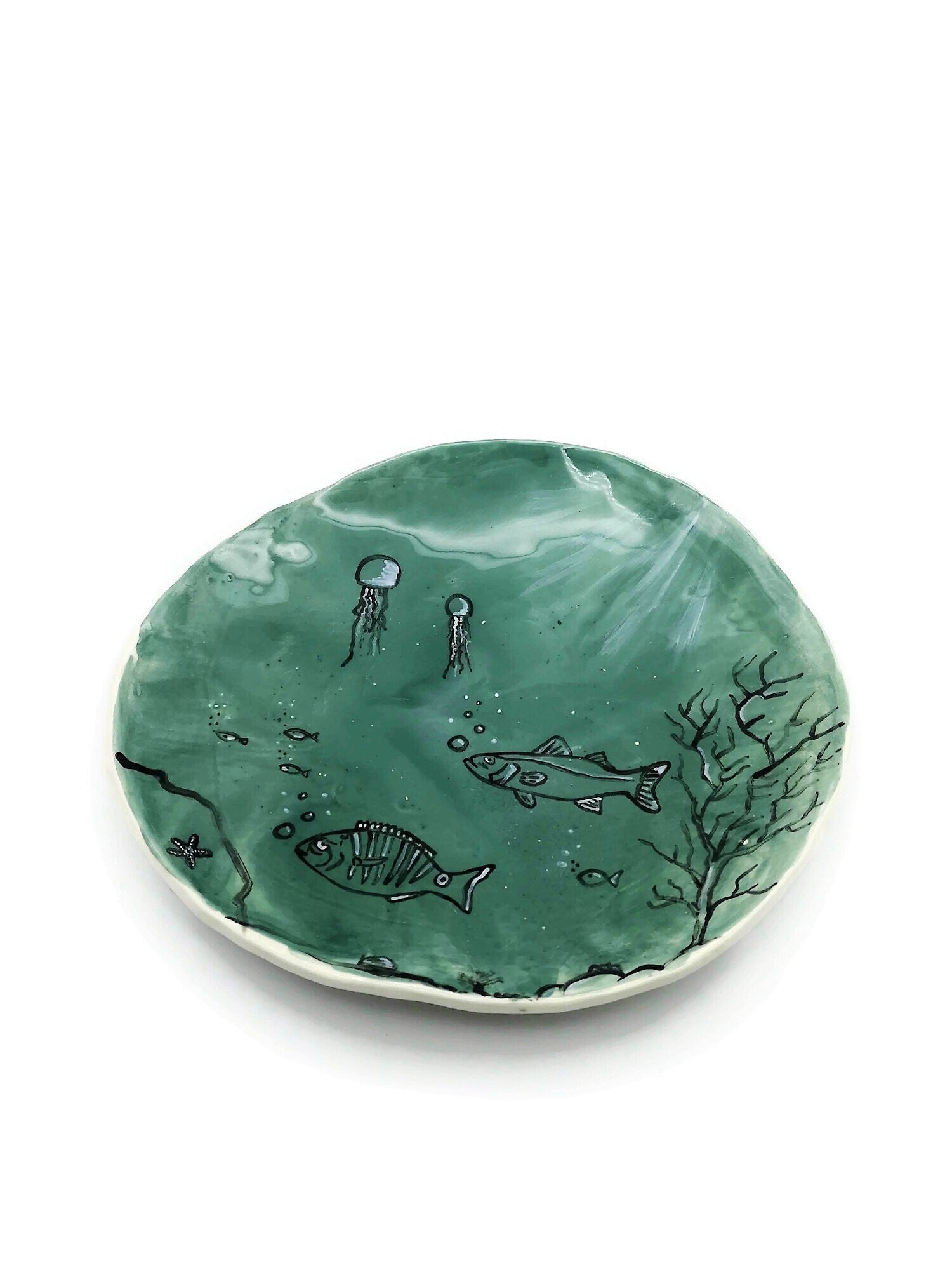 Large Handmade Ceramic Plate, Ocean Home Decor For Wall Display, Green Portuguese Pottery Unique Dinner Plates, Serving Cake Platter - Ceramica Ana Rafael