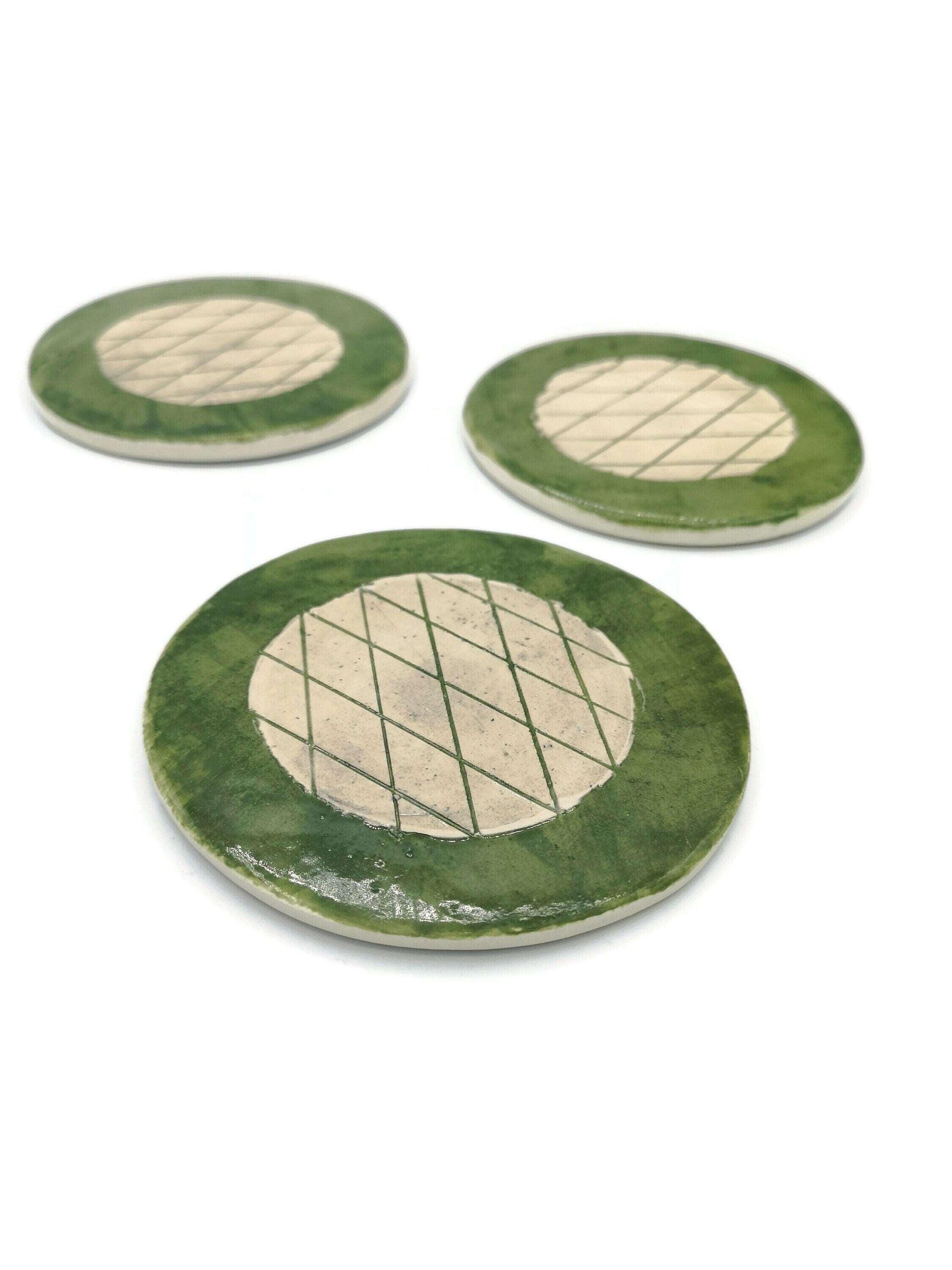 1Pc Handmade Ceramic Geometric Coaster For Drinks, Housewarming Gift First Home, Green Coasters Best Office Desk Accessories Gifts For Him