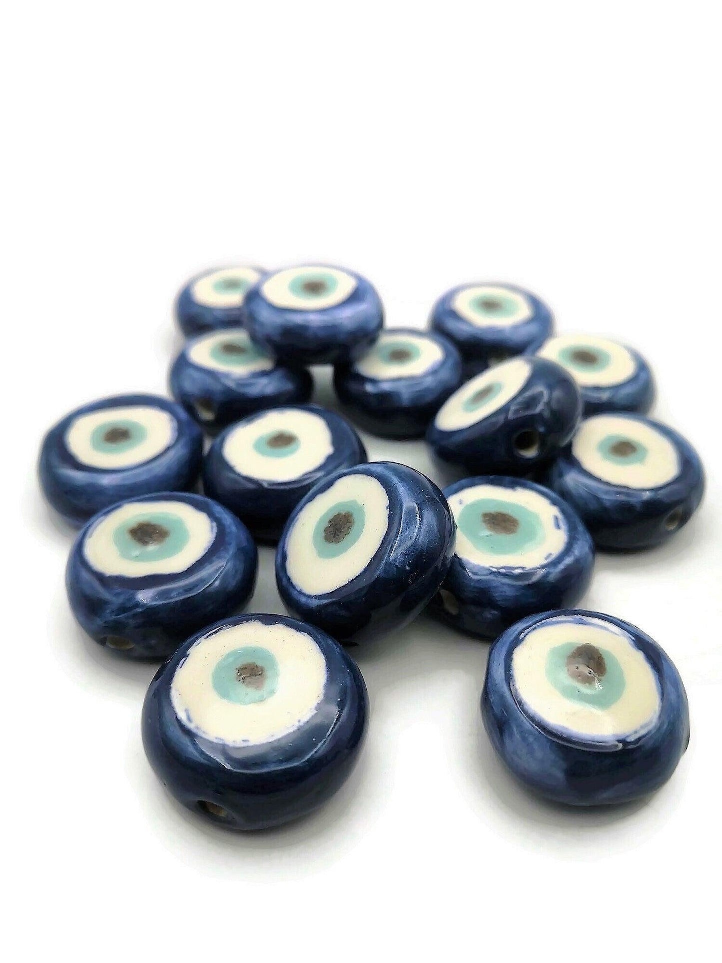1Pc Blue Evil Eye Beads For Jewelry Making, Handmade Ceramic Macrame Beads, Extra Large Clay Beads, Round Unusual Decorative Porcelain Beads - Ceramica Ana Rafael