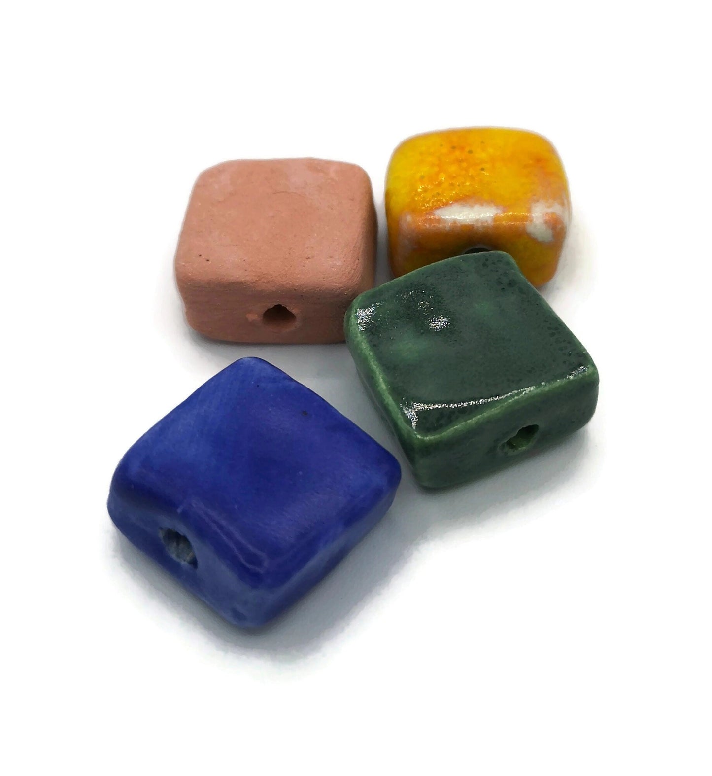Set Of 4 Assorted Beads, Clay Beads For Crafts, Handmade Ceramic Macrame Beads, Square Shape Large Beads, Unusual Pottery Beads - Ceramica Ana Rafael