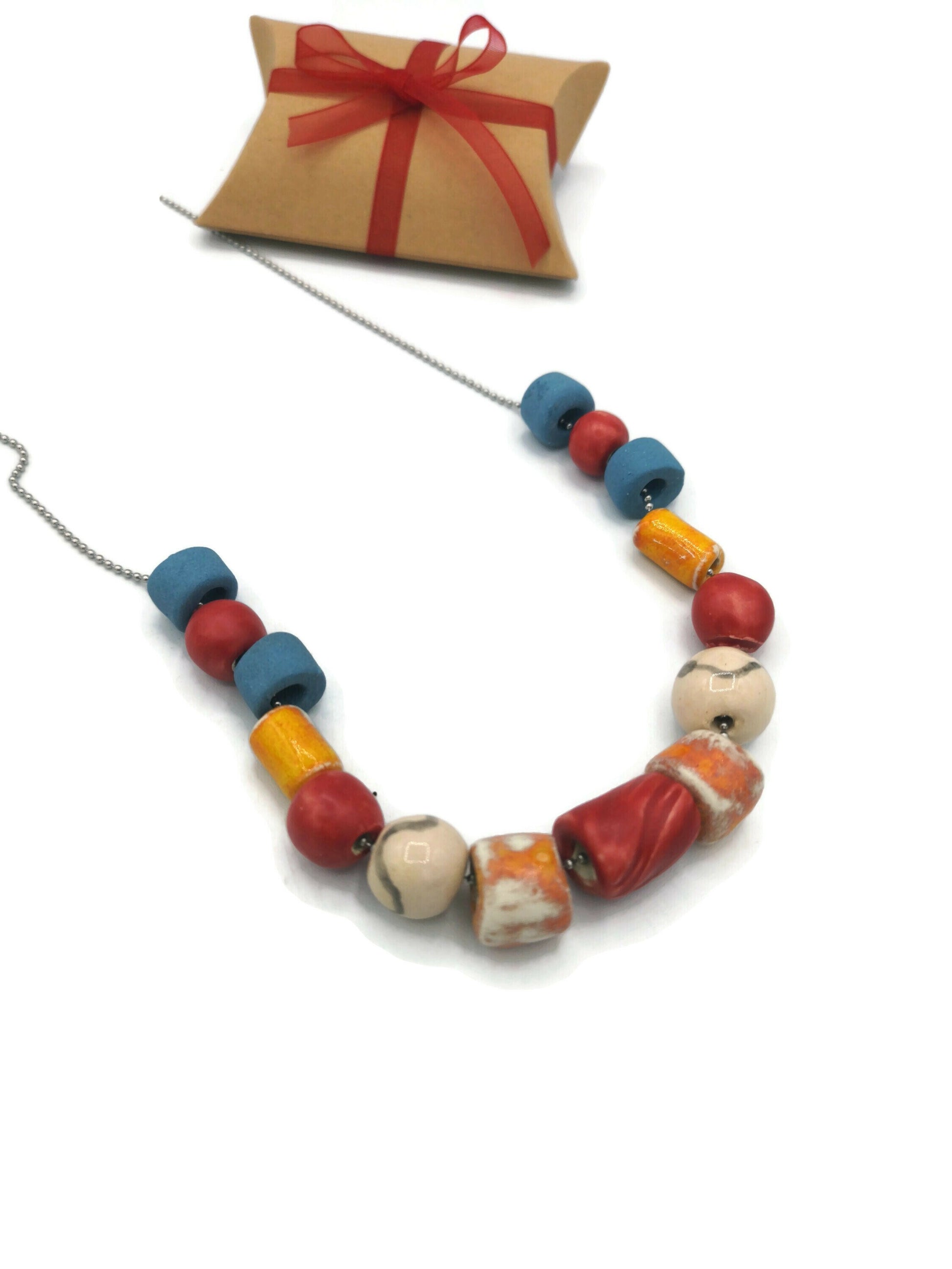 Chunky Statement Beaded Necklace Long, Hippie Necklace Colorful Mom Birthday Gift From Daughter, Aesthetic Clay Necklace - Ceramica Ana Rafael