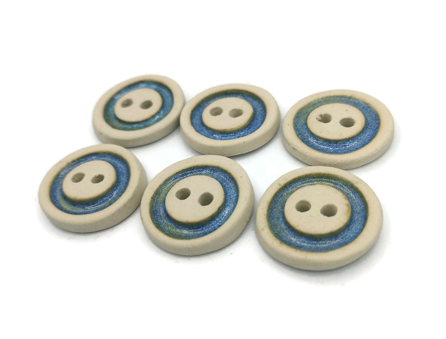 6Pc 25mm/1in Handmade Ceramic Sewing Buttons, Matte Beige With Glossy Blue Accent, Novelty Clay Buttons For Crafts, Unique Pottery Buttons - Ceramica Ana Rafael