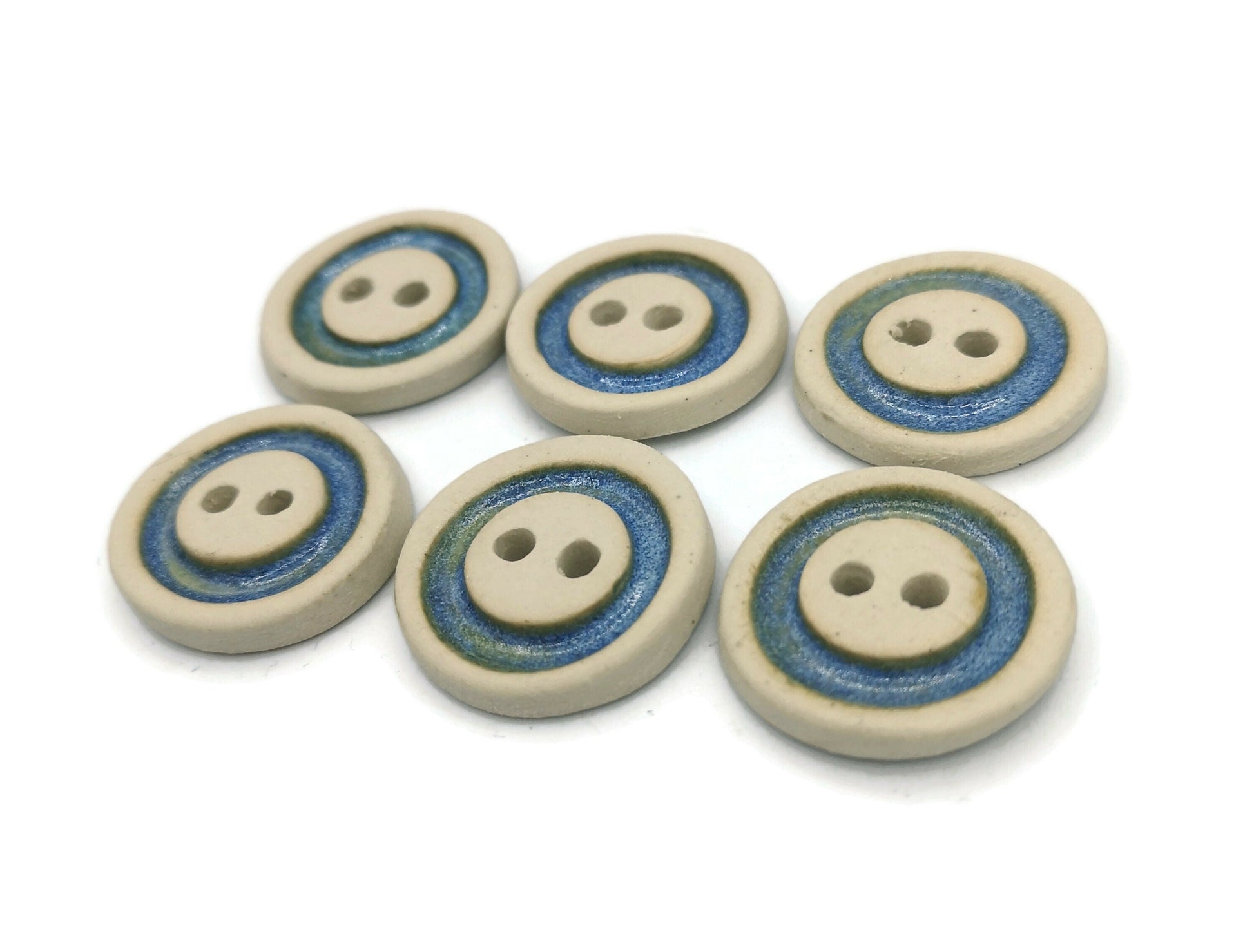 6Pc 25mm/1in Handmade Ceramic Sewing Buttons, Matte Beige With Glossy Blue Accent, Novelty Clay Buttons For Crafts, Unique Pottery Buttons - Ceramica Ana Rafael