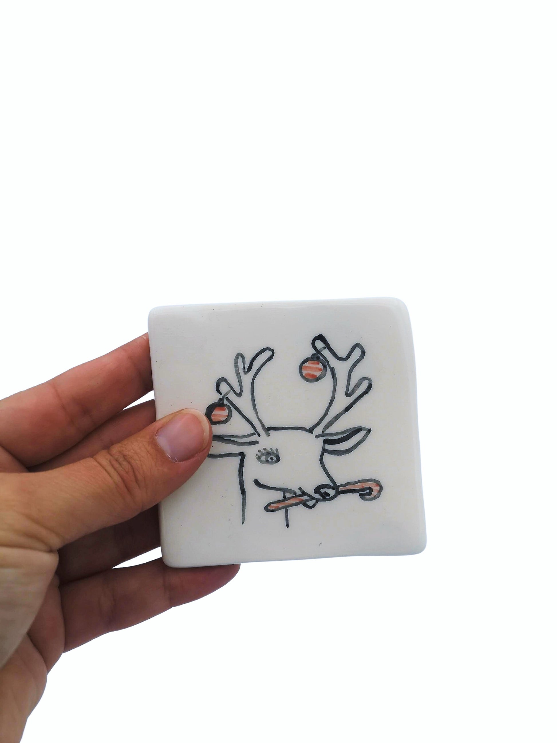 1Pc Handmade Ceramic Trinket Dish With Hand Painted Santa Claus, Holly or Reindeer, Candle Holder, Square Clay Ring Holder Best Gift For Her - Ceramica Ana Rafael