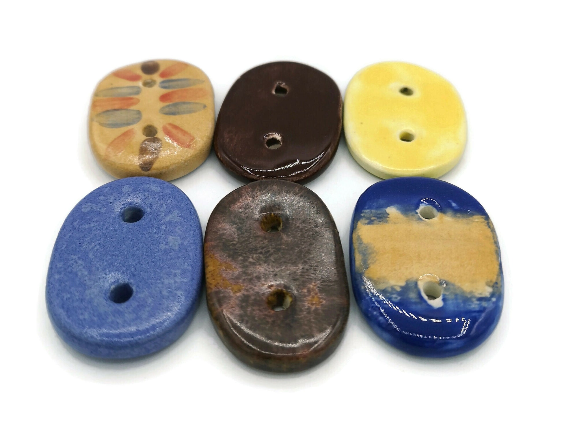 6Pc 35mm Extra Large Handmade Ceramic Sewing Buttons, Colorful Novelty Buttons, Hand Painted Oval Artisan Sewing Supplies And Notions - Ceramica Ana Rafael